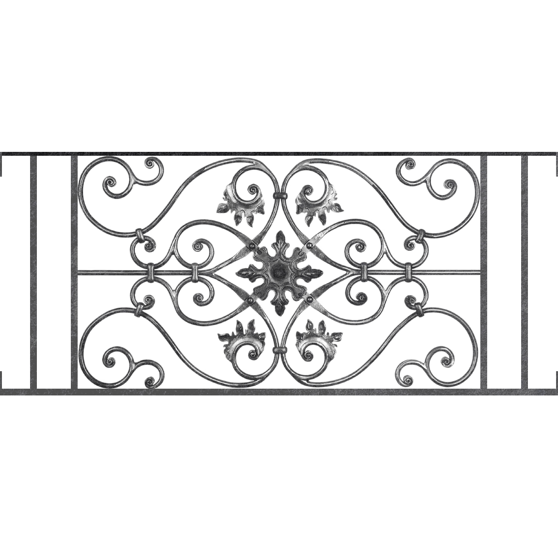 Appui de fenêtre type AF002 à visser dans votre tableau de fenêtre. Longueur finie de 1150mm et Hauteur finie de 502mm. Convient pour les tableaux de fenêtre de 1150mm. Main courante laminée de 1150mm de long en fer forgé sur le dessus. Motif au centre de 830mm de long par 480mm de haut. Le reste de la structure est en acier carré plein de 14mm de section.