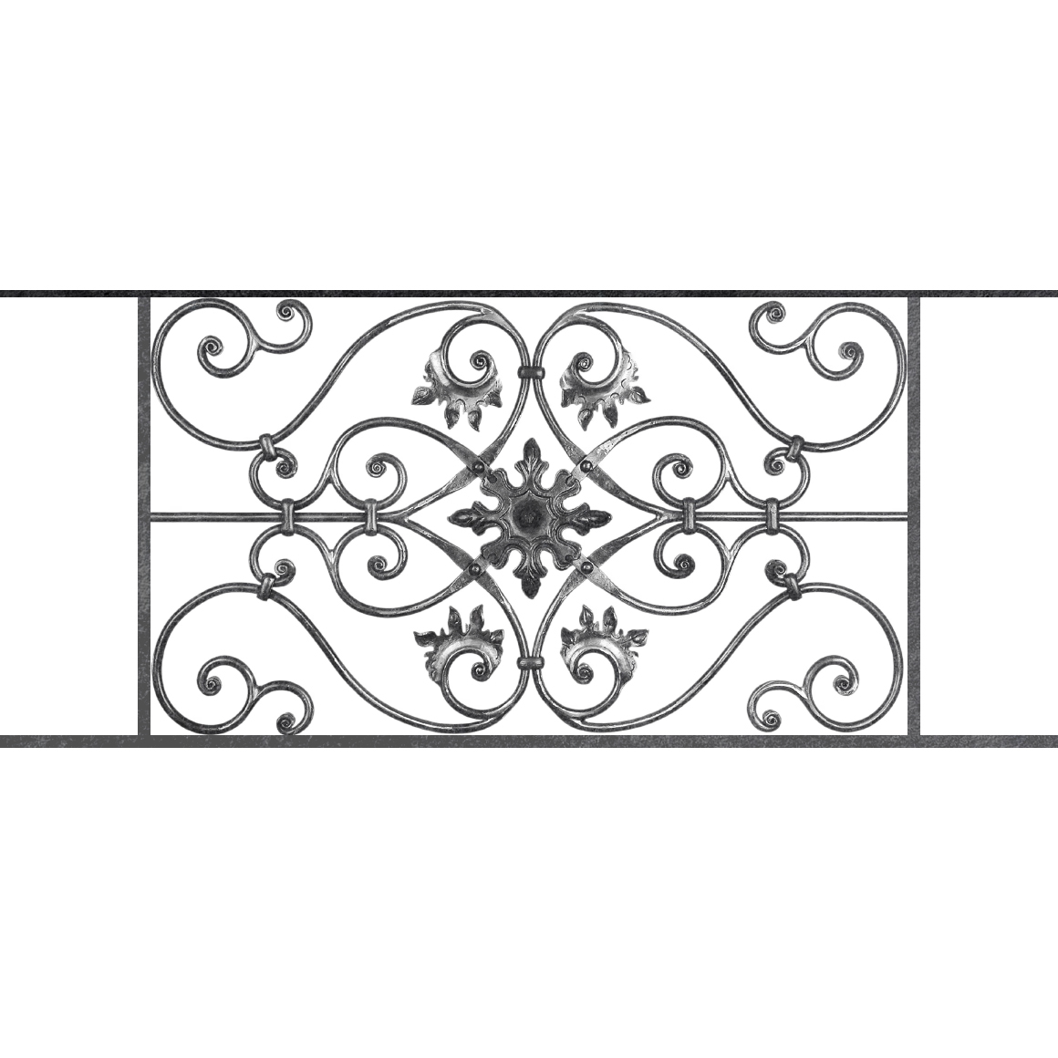 Appui de fenêtre type AF002 à sceller dans votre tableau de fenêtre. Longueur finie de 1160mm et Hauteur finie de 502mm. Convient pour les tableaux de fenêtre de 1060mm. 50mm de scellement sont prévue de chaque côté. Main courante laminée de 1060mm de long en fer forgé sur le dessus. Motif au centre de 830mm de long par 480mm de haut. Le reste de la structure est en acier carré plein de 14mm de section.