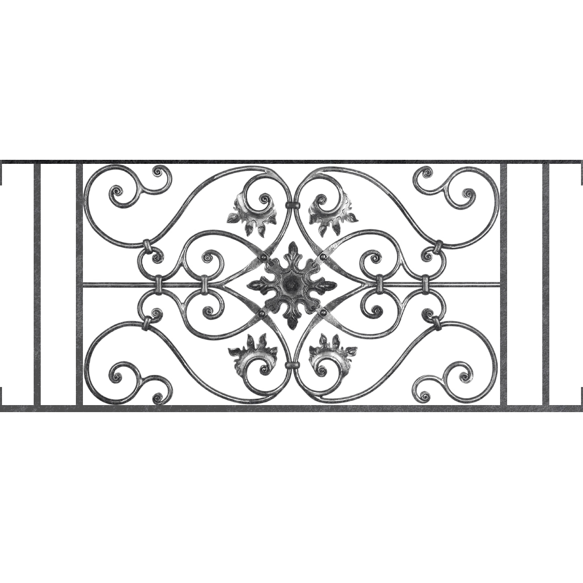 Appui de fenêtre type AF002 à visser dans votre tableau de fenêtre. Longueur finie de 1160mm et Hauteur finie de 502mm. Convient pour les tableaux de fenêtre de 1160mm. Main courante laminée de 1160mm de long en fer forgé sur le dessus. Motif au centre de 830mm de long par 480mm de haut. Le reste de la structure est en acier carré plein de 14mm de section.