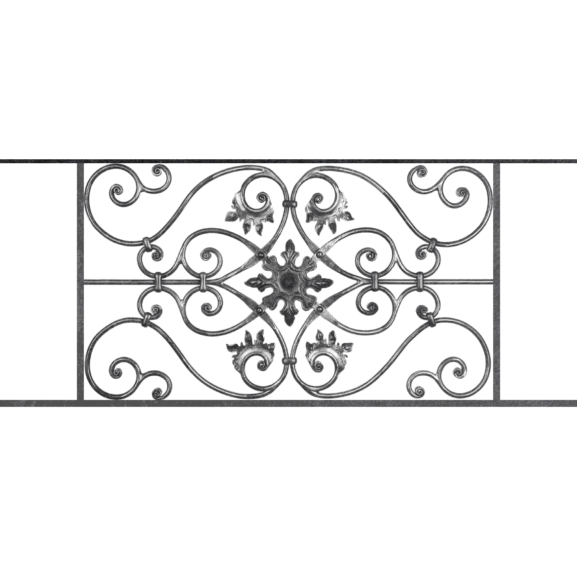 Appui de fenêtre type AF002 à sceller dans votre tableau de fenêtre. Longueur finie de 1170mm et Hauteur finie de 502mm. Convient pour les tableaux de fenêtre de 1070mm. 50mm de scellement sont prévue de chaque côté. Main courante laminée de 1070mm de long en fer forgé sur le dessus. Motif au centre de 830mm de long par 480mm de haut. Le reste de la structure est en acier carré plein de 14mm de section.
