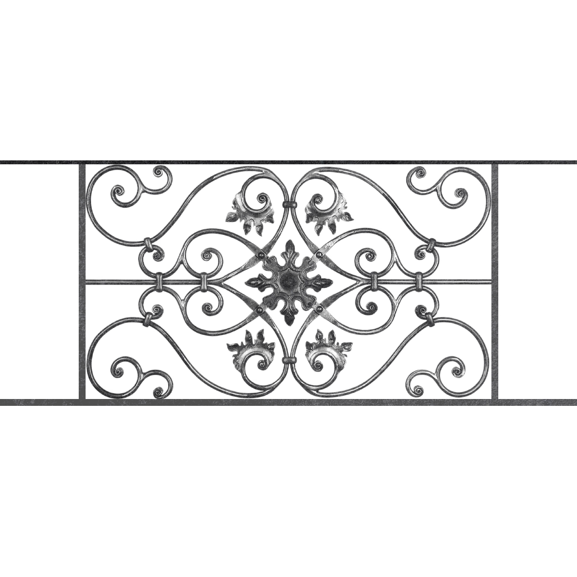 Appui de fenêtre type AF002 à sceller dans votre tableau de fenêtre. Longueur finie de 1180mm et Hauteur finie de 502mm. Convient pour les tableaux de fenêtre de 1080mm. 50mm de scellement sont prévue de chaque côté. Main courante laminée de 1080mm de long en fer forgé sur le dessus. Motif au centre de 830mm de long par 480mm de haut. Le reste de la structure est en acier carré plein de 14mm de section.