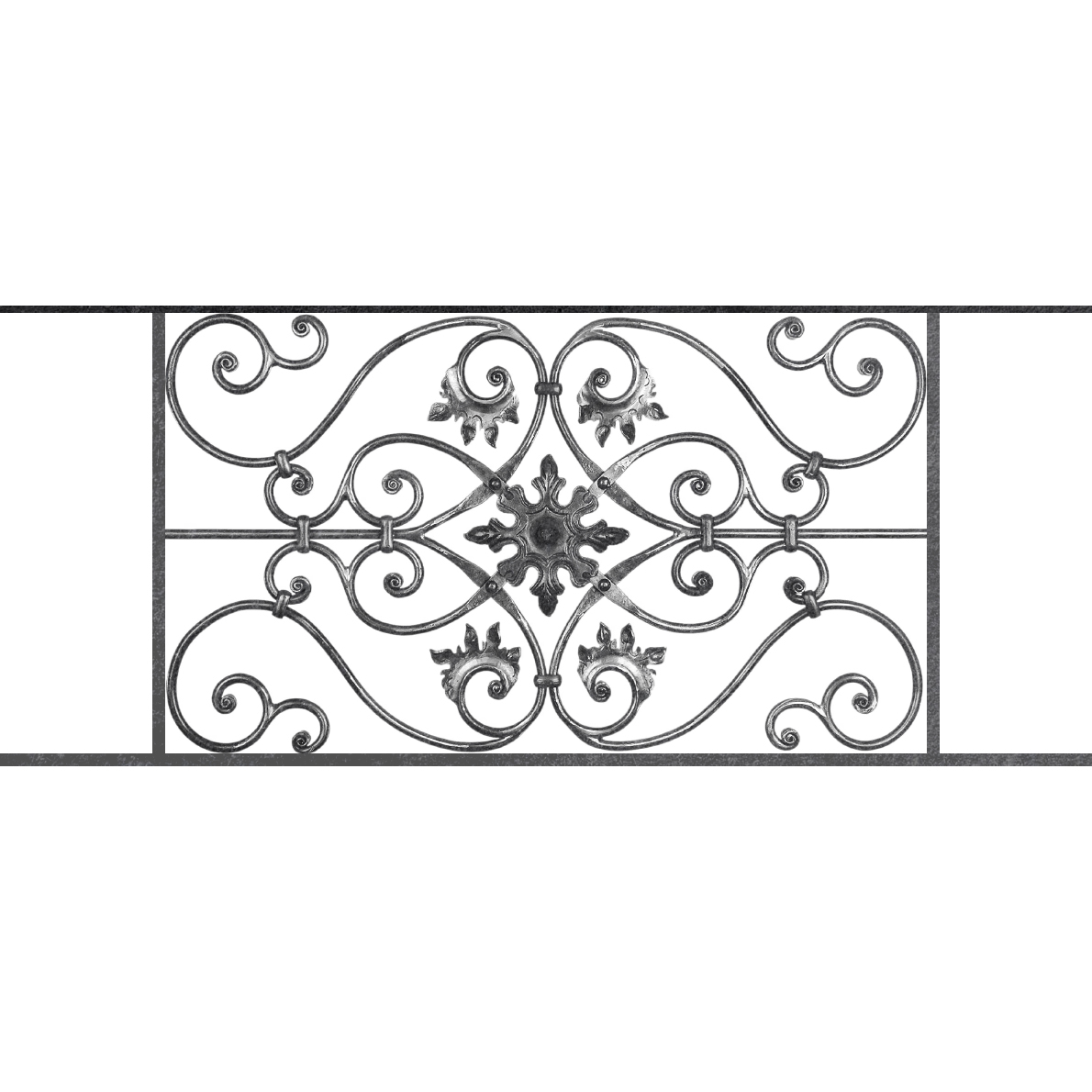 Appui de fenêtre type AF002 à sceller dans votre tableau de fenêtre. Longueur finie de 1190mm et Hauteur finie de 502mm. Convient pour les tableaux de fenêtre de 1090mm. 50mm de scellement sont prévue de chaque côté. Main courante laminée de 1090mm de long en fer forgé sur le dessus. Motif au centre de 830mm de long par 480mm de haut. Le reste de la structure est en acier carré plein de 14mm de section.
