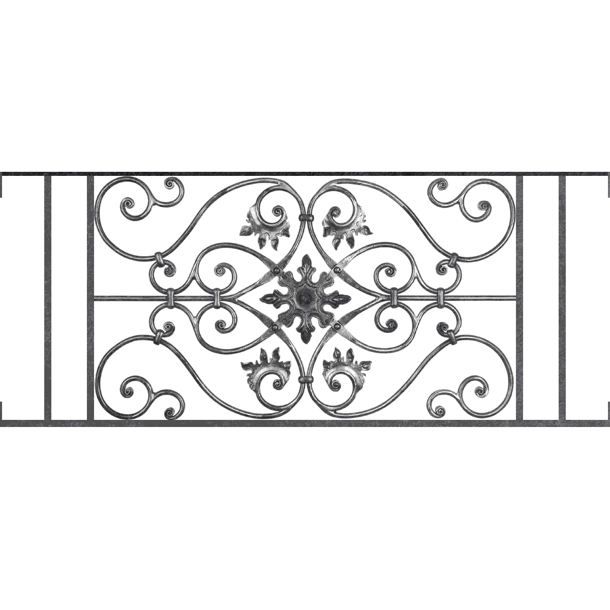 Appui de fenêtre type AF002 à visser dans votre tableau de fenêtre. Longueur finie de 1200mm et Hauteur finie de 502mm. Convient pour les tableaux de fenêtre de 1200mm. Main courante laminée de 1200mm de long en fer forgé sur le dessus. Motif au centre de 830mm de long par 480mm de haut. Le reste de la structure est en acier carré plein de 14mm de section.