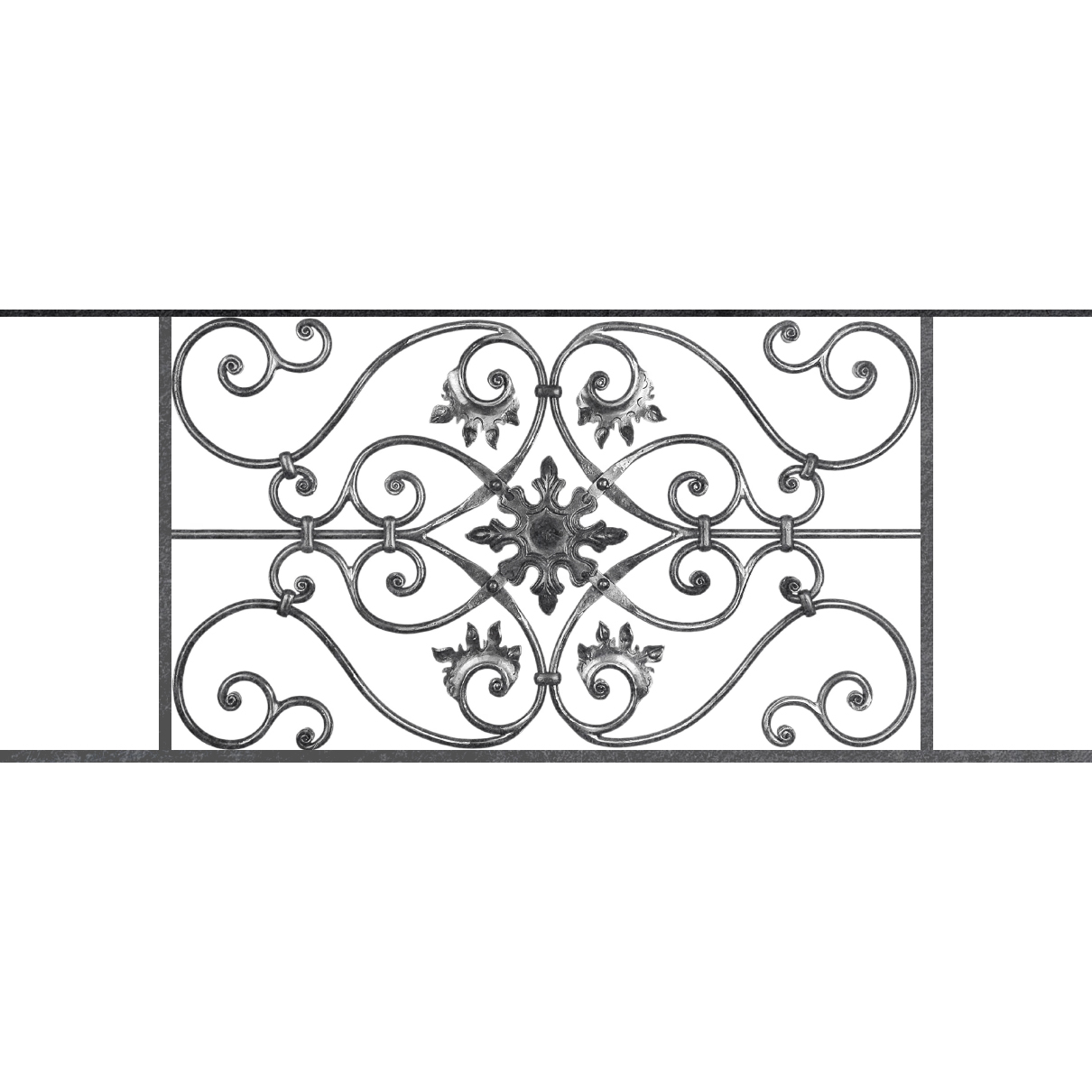 Appui de fenêtre type AF002 à sceller dans votre tableau de fenêtre. Longueur finie de 1210mm et Hauteur finie de 502mm. Convient pour les tableaux de fenêtre de 1110mm. 50mm de scellement sont prévue de chaque côté. Main courante laminée de 1110mm de long en fer forgé sur le dessus. Motif au centre de 830mm de long par 480mm de haut. Le reste de la structure est en acier carré plein de 14mm de section.