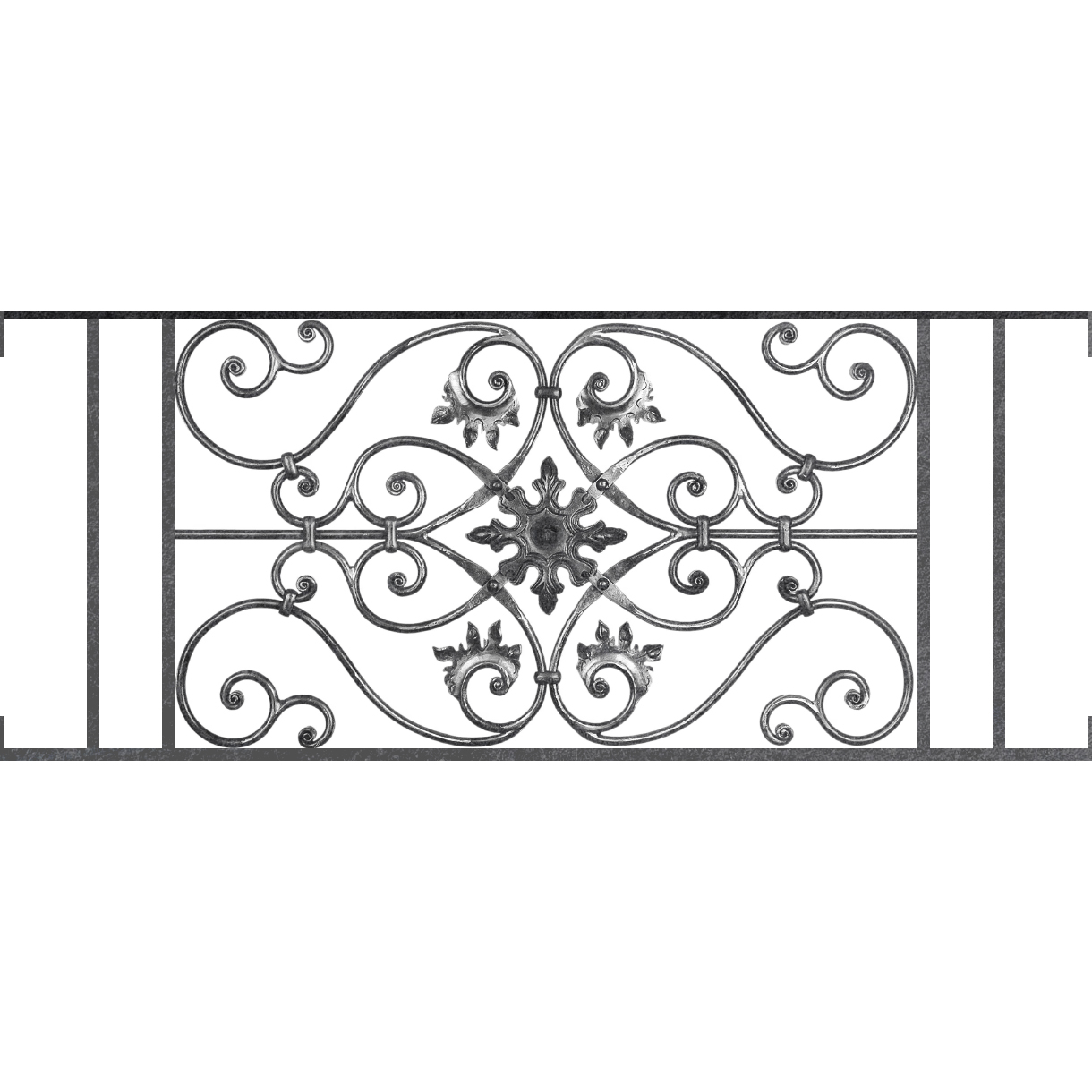 Appui de fenêtre type AF002 à visser dans votre tableau de fenêtre. Longueur finie de 1220mm et Hauteur finie de 502mm. Convient pour les tableaux de fenêtre de 1220mm. Main courante laminée de 1220mm de long en fer forgé sur le dessus. Motif au centre de 830mm de long par 480mm de haut. Le reste de la structure est en acier carré plein de 14mm de section.