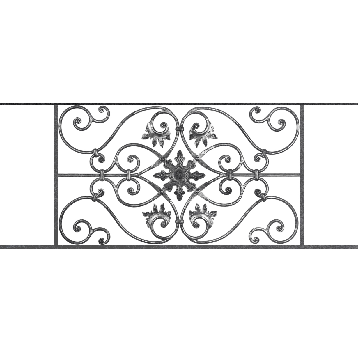 Appui de fenêtre type AF002 à sceller dans votre tableau de fenêtre. Longueur finie de 1230mm et Hauteur finie de 502mm. Convient pour les tableaux de fenêtre de 1130mm. 50mm de scellement sont prévue de chaque côté. Main courante laminée de 1130mm de long en fer forgé sur le dessus. Motif au centre de 830mm de long par 480mm de haut. Le reste de la structure est en acier carré plein de 14mm de section.