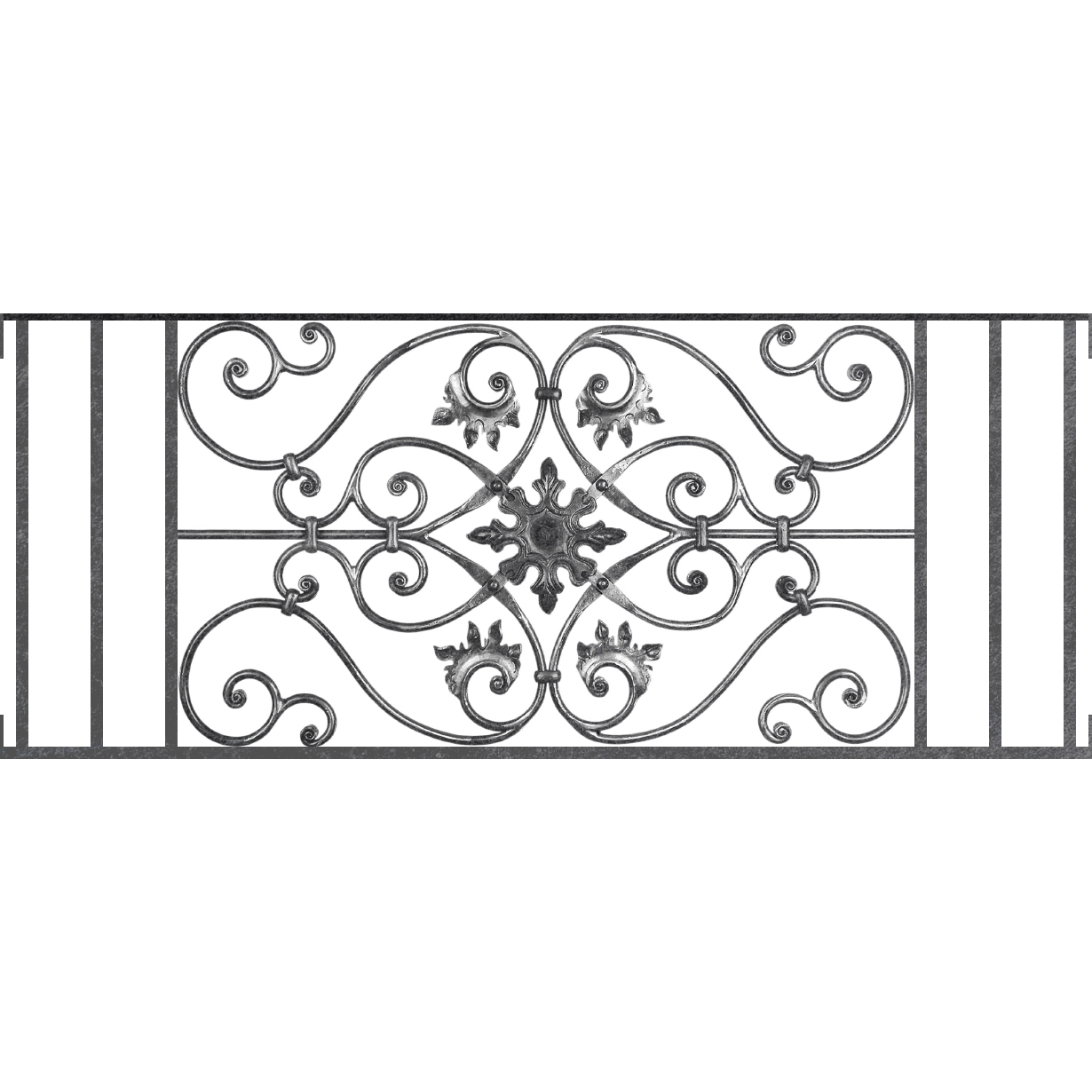 Appui de fenêtre type AF002 à visser dans votre tableau de fenêtre. Longueur finie de 1230mm et Hauteur finie de 502mm. Convient pour les tableaux de fenêtre de 1230mm. Main courante laminée de 1230mm de long en fer forgé sur le dessus. Motif au centre de 830mm de long par 480mm de haut. Le reste de la structure est en acier carré plein de 14mm de section.