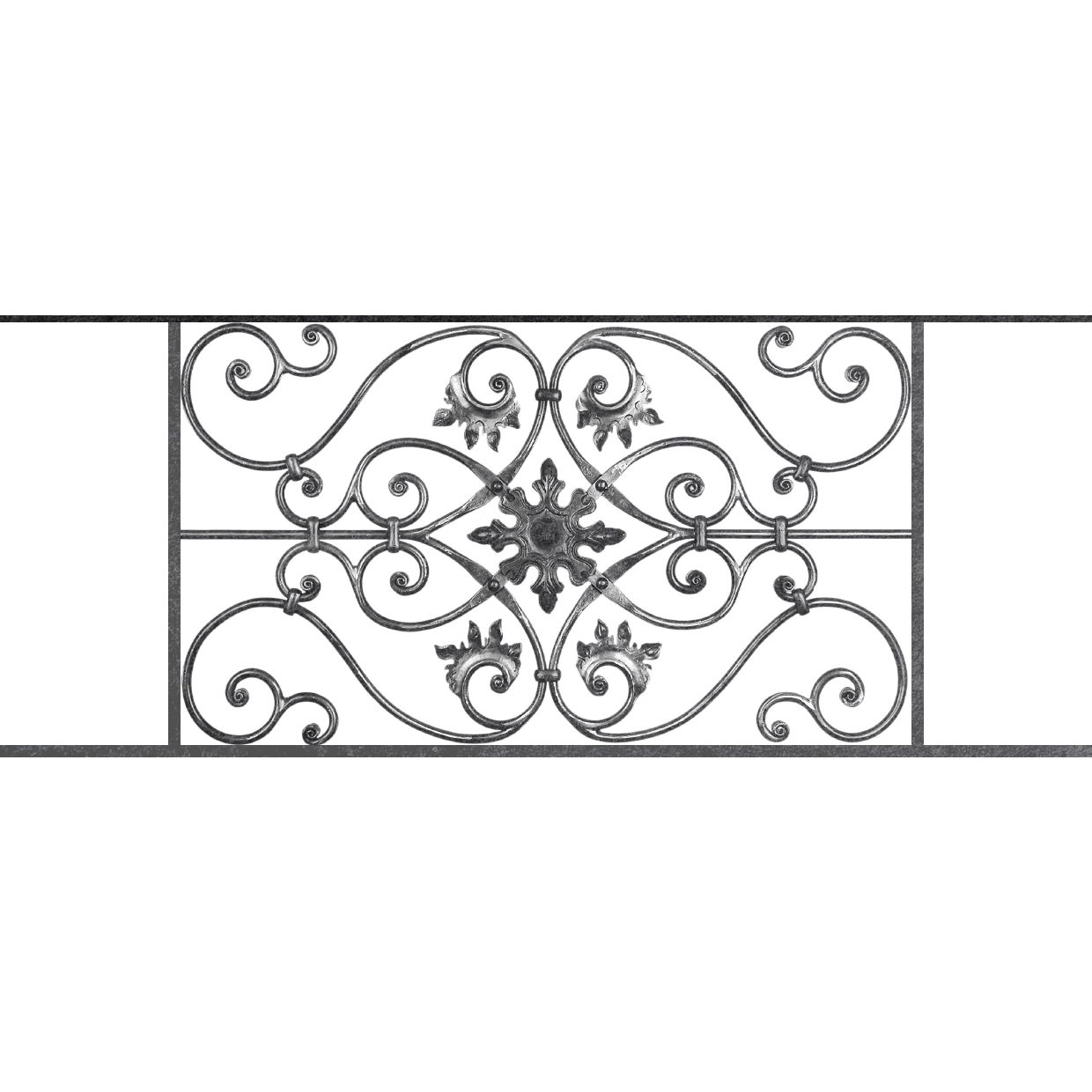 Appui de fenêtre type AF002 à sceller dans votre tableau de fenêtre. Longueur finie de 1240mm et Hauteur finie de 502mm. Convient pour les tableaux de fenêtre de 1140mm. 50mm de scellement sont prévue de chaque côté. Main courante laminée de 1140mm de long en fer forgé sur le dessus. Motif au centre de 830mm de long par 480mm de haut. Le reste de la structure est en acier carré plein de 14mm de section.