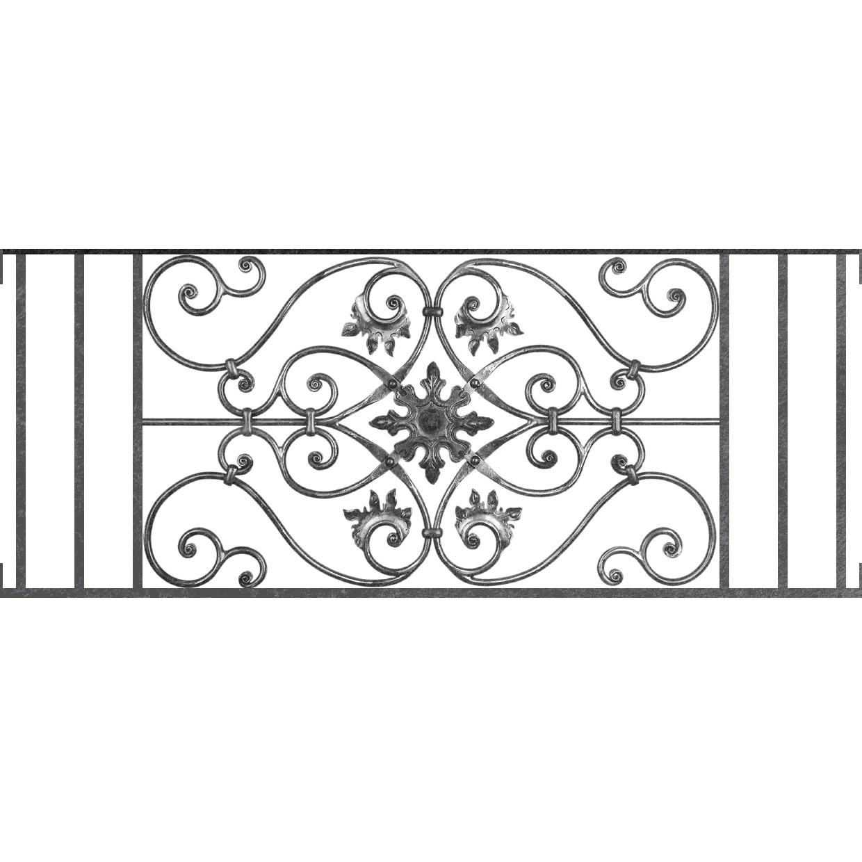 Appui de fenêtre type AF002 à visser dans votre tableau de fenêtre. Longueur finie de 1240mm et Hauteur finie de 502mm. Convient pour les tableaux de fenêtre de 1240mm. Main courante laminée de 1240mm de long en fer forgé sur le dessus. Motif au centre de 830mm de long par 480mm de haut. Le reste de la structure est en acier carré plein de 14mm de section.
