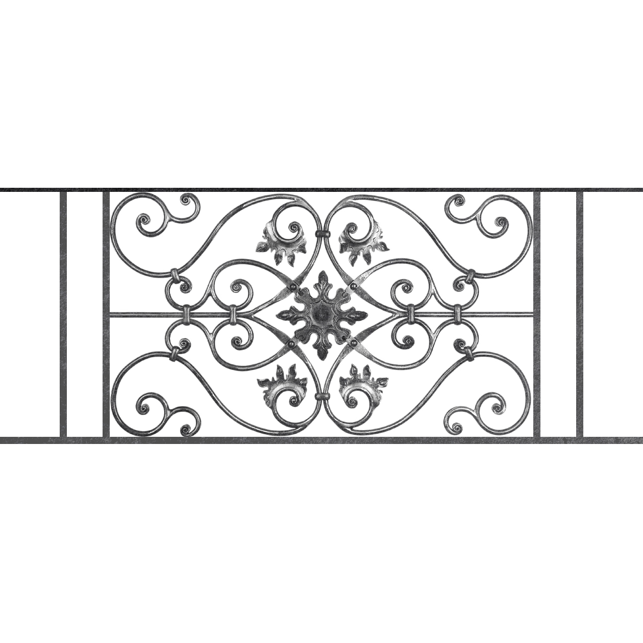 Appui de fenêtre type AF002 à sceller dans votre tableau de fenêtre. Longueur finie de 1260mm et Hauteur finie de 502mm. Convient pour les tableaux de fenêtre de 1160mm. 50mm de scellement sont prévue de chaque côté. Main courante laminée de 1160mm de long en fer forgé sur le dessus. Motif au centre de 830mm de long par 480mm de haut. Le reste de la structure est en acier carré plein de 14mm de section.