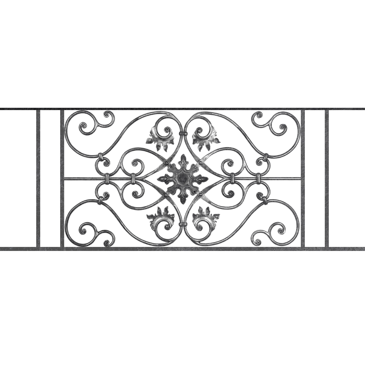 Appui de fenêtre type AF002 à sceller dans votre tableau de fenêtre. Longueur finie de 1280mm et Hauteur finie de 502mm. Convient pour les tableaux de fenêtre de 1180mm. 50mm de scellement sont prévue de chaque côté. Main courante laminée de 1180mm de long en fer forgé sur le dessus. Motif au centre de 830mm de long par 480mm de haut. Le reste de la structure est en acier carré plein de 14mm de section.