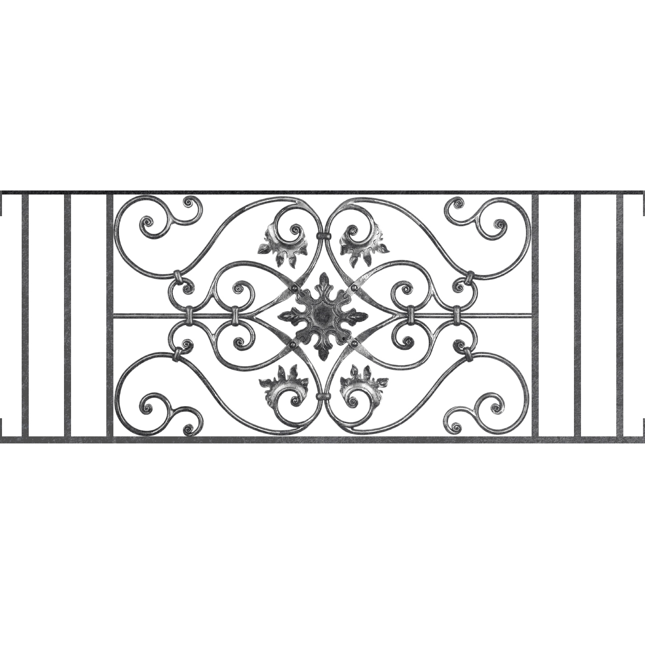 Appui de fenêtre type AF002 à visser dans votre tableau de fenêtre. Longueur finie de 1280mm et Hauteur finie de 502mm. Convient pour les tableaux de fenêtre de 1280mm. Main courante laminée de 1280mm de long en fer forgé sur le dessus. Motif au centre de 830mm de long par 480mm de haut. Le reste de la structure est en acier carré plein de 14mm de section.