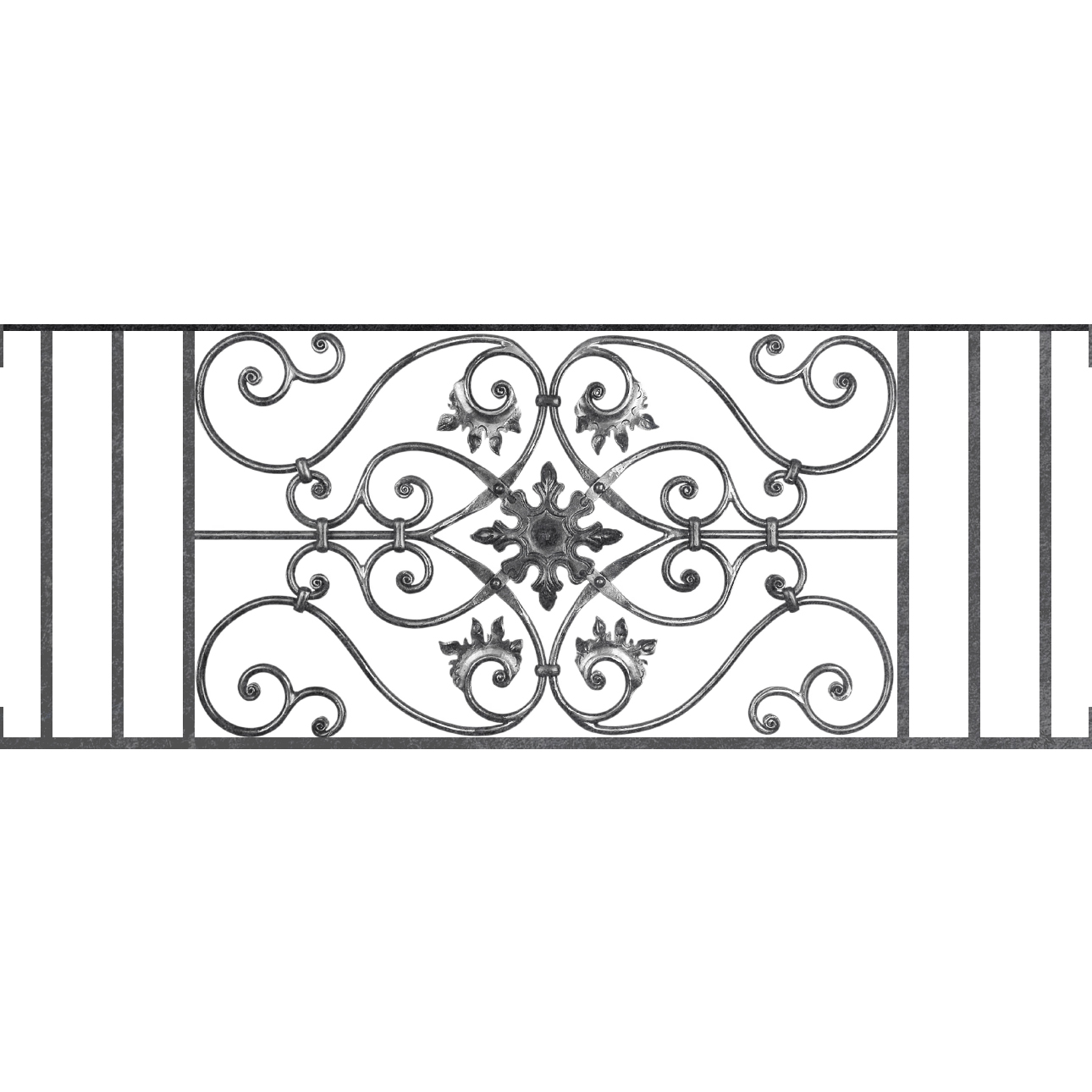 Appui de fenêtre type AF002 à visser dans votre tableau de fenêtre. Longueur finie de 1290mm et Hauteur finie de 502mm. Convient pour les tableaux de fenêtre de 1290mm. Main courante laminée de 1290mm de long en fer forgé sur le dessus. Motif au centre de 830mm de long par 480mm de haut. Le reste de la structure est en acier carré plein de 14mm de section.