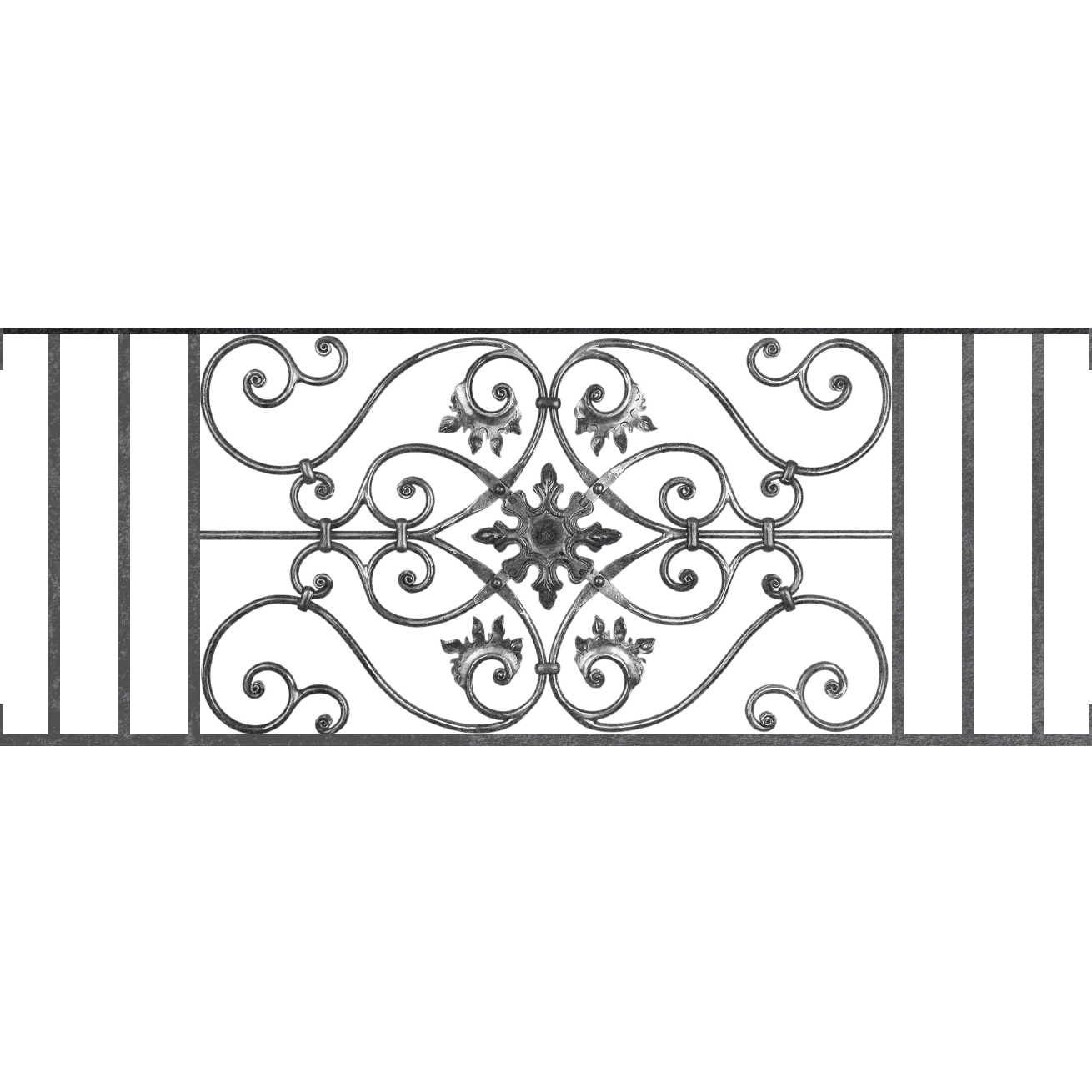 Appui de fenêtre type AF002 à visser dans votre tableau de fenêtre. Longueur finie de 1310mm et Hauteur finie de 502mm. Convient pour les tableaux de fenêtre de 1310mm. Main courante laminée de 1310mm de long en fer forgé sur le dessus. Motif au centre de 830mm de long par 480mm de haut. Le reste de la structure est en acier carré plein de 14mm de section.