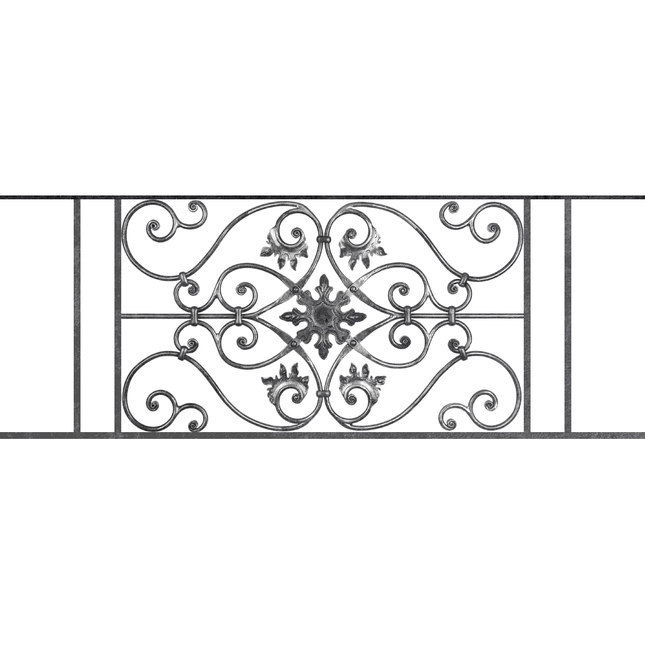 Appui de fenêtre type AF002 à sceller dans votre tableau de fenêtre. Longueur finie de 1330mm et Hauteur finie de 502mm. Convient pour les tableaux de fenêtre de 1230mm. 50mm de scellement sont prévue de chaque côté. Main courante laminée de 1230mm de long en fer forgé sur le dessus. Motif au centre de 830mm de long par 480mm de haut. Le reste de la structure est en acier carré plein de 14mm de section.
