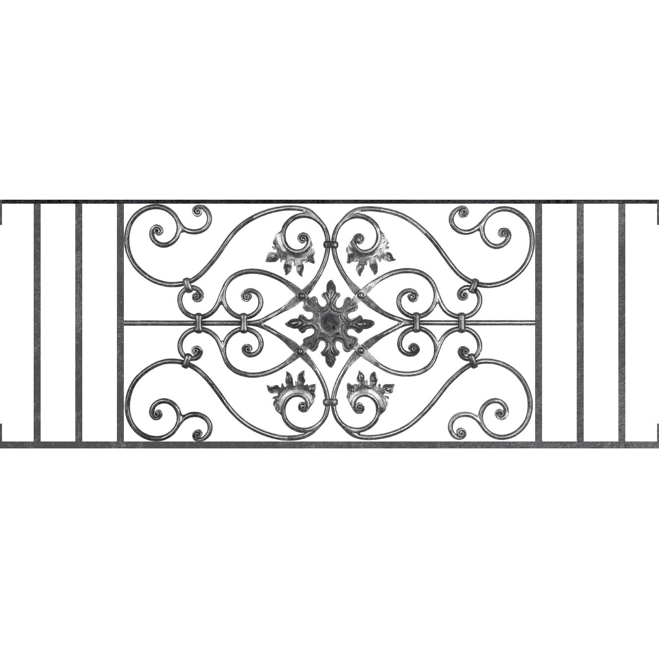 Appui de fenêtre type AF002 à visser dans votre tableau de fenêtre. Longueur finie de 1330mm et Hauteur finie de 502mm. Convient pour les tableaux de fenêtre de 1330mm. Main courante laminée de 1330mm de long en fer forgé sur le dessus. Motif au centre de 830mm de long par 480mm de haut. Le reste de la structure est en acier carré plein de 14mm de section.