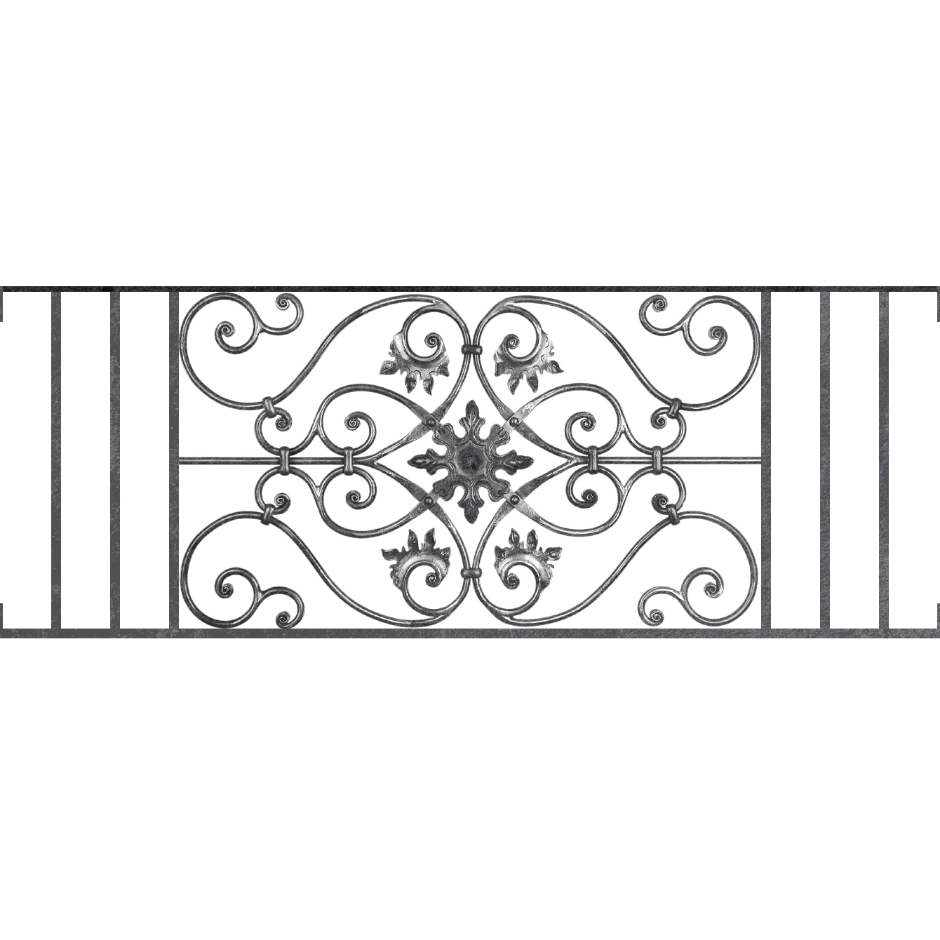 Appui de fenêtre type AF002 à visser dans votre tableau de fenêtre. Longueur finie de 1340mm et Hauteur finie de 502mm. Convient pour les tableaux de fenêtre de 1340mm. Main courante laminée de 1340mm de long en fer forgé sur le dessus. Motif au centre de 830mm de long par 480mm de haut. Le reste de la structure est en acier carré plein de 14mm de section.
