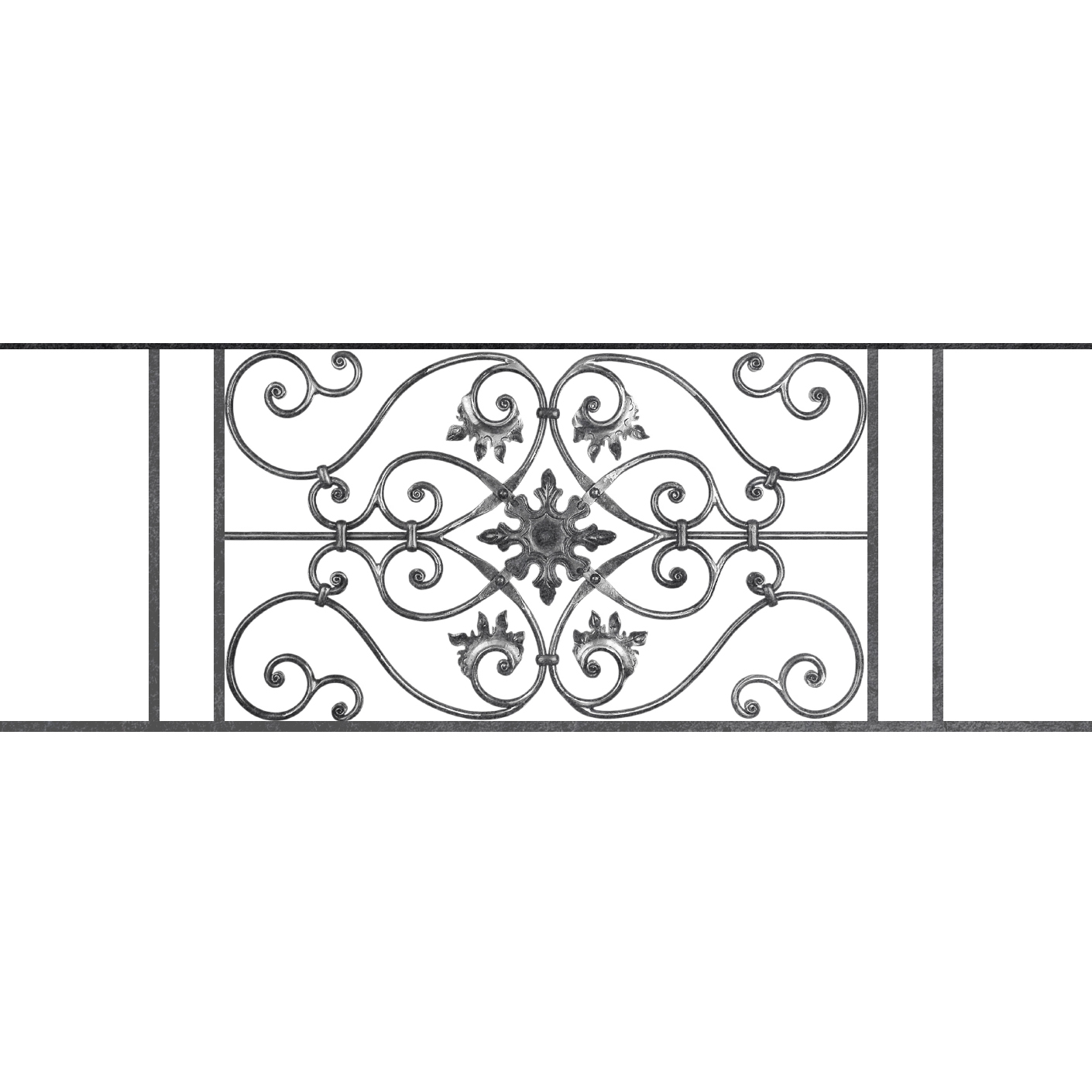 Appui de fenêtre type AF002 à sceller dans votre tableau de fenêtre. Longueur finie de 1410mm et Hauteur finie de 502mm. Convient pour les tableaux de fenêtre de 1310mm. 50mm de scellement sont prévue de chaque côté. Main courante laminée de 1310mm de long en fer forgé sur le dessus. Motif au centre de 830mm de long par 480mm de haut. Le reste de la structure est en acier carré plein de 14mm de section.