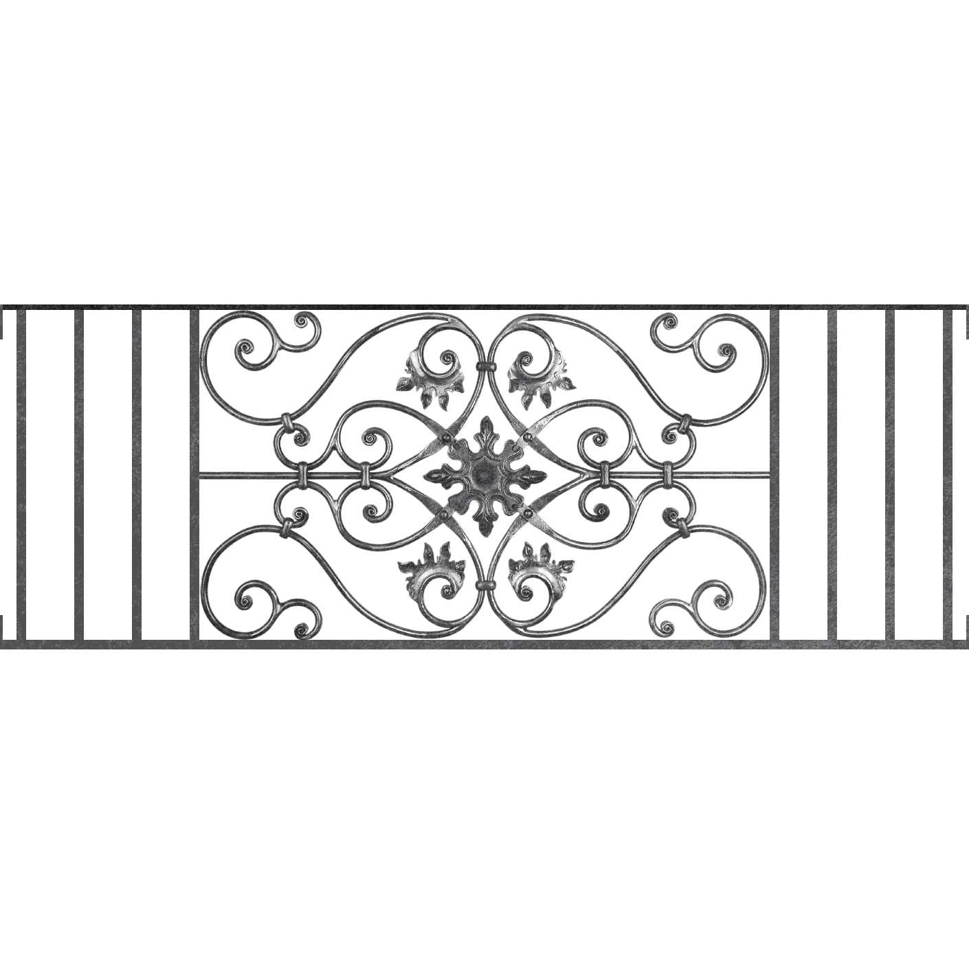 Appui de fenêtre type AF002 à visser dans votre tableau de fenêtre. Longueur finie de 1410mm et Hauteur finie de 502mm. Convient pour les tableaux de fenêtre de 1410mm. Main courante laminée de 1410mm de long en fer forgé sur le dessus. Motif au centre de 830mm de long par 480mm de haut. Le reste de la structure est en acier carré plein de 14mm de section.
