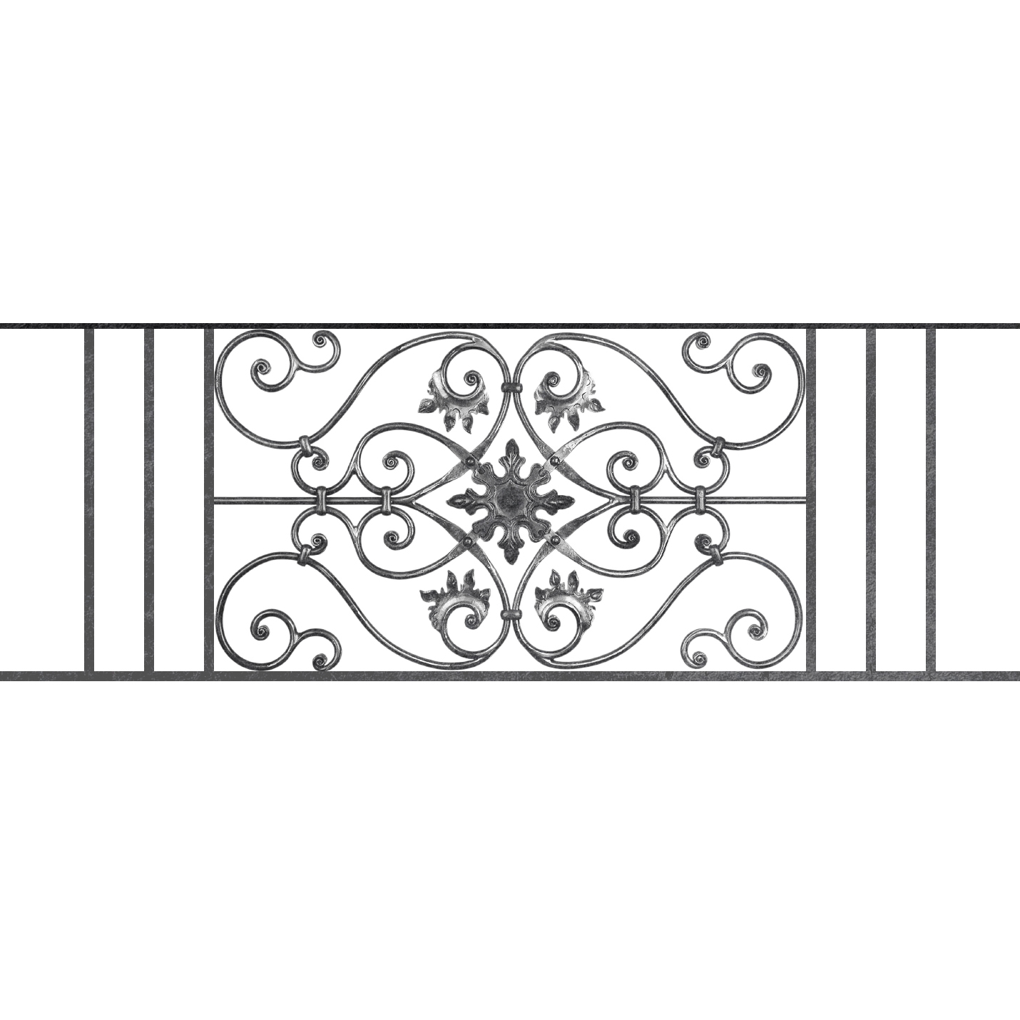 Appui de fenêtre type AF002 à sceller dans votre tableau de fenêtre. Longueur finie de 1430mm et Hauteur finie de 502mm. Convient pour les tableaux de fenêtre de 1330mm. 50mm de scellement sont prévue de chaque côté. Main courante laminée de 1330mm de long en fer forgé sur le dessus. Motif au centre de 830mm de long par 480mm de haut. Le reste de la structure est en acier carré plein de 14mm de section.