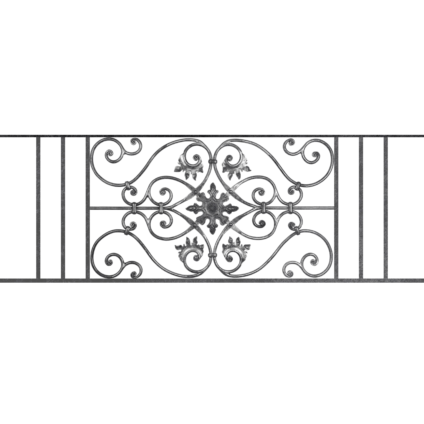 Appui de fenêtre type AF002 à sceller dans votre tableau de fenêtre. Longueur finie de 1440mm et Hauteur finie de 502mm. Convient pour les tableaux de fenêtre de 1340mm. 50mm de scellement sont prévue de chaque côté. Main courante laminée de 1340mm de long en fer forgé sur le dessus. Motif au centre de 830mm de long par 480mm de haut. Le reste de la structure est en acier carré plein de 14mm de section.