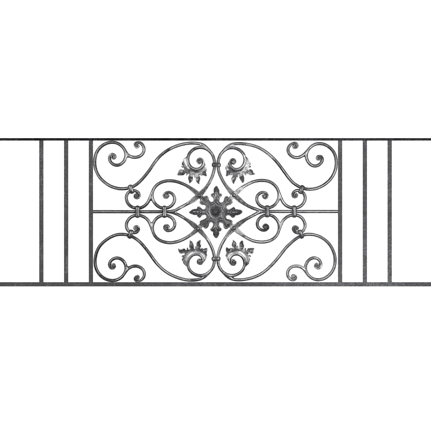 Appui de fenêtre type AF002 à sceller dans votre tableau de fenêtre. Longueur finie de 1460mm et Hauteur finie de 502mm. Convient pour les tableaux de fenêtre de 1360mm. 50mm de scellement sont prévue de chaque côté. Main courante laminée de 1360mm de long en fer forgé sur le dessus. Motif au centre de 830mm de long par 480mm de haut. Le reste de la structure est en acier carré plein de 14mm de section.