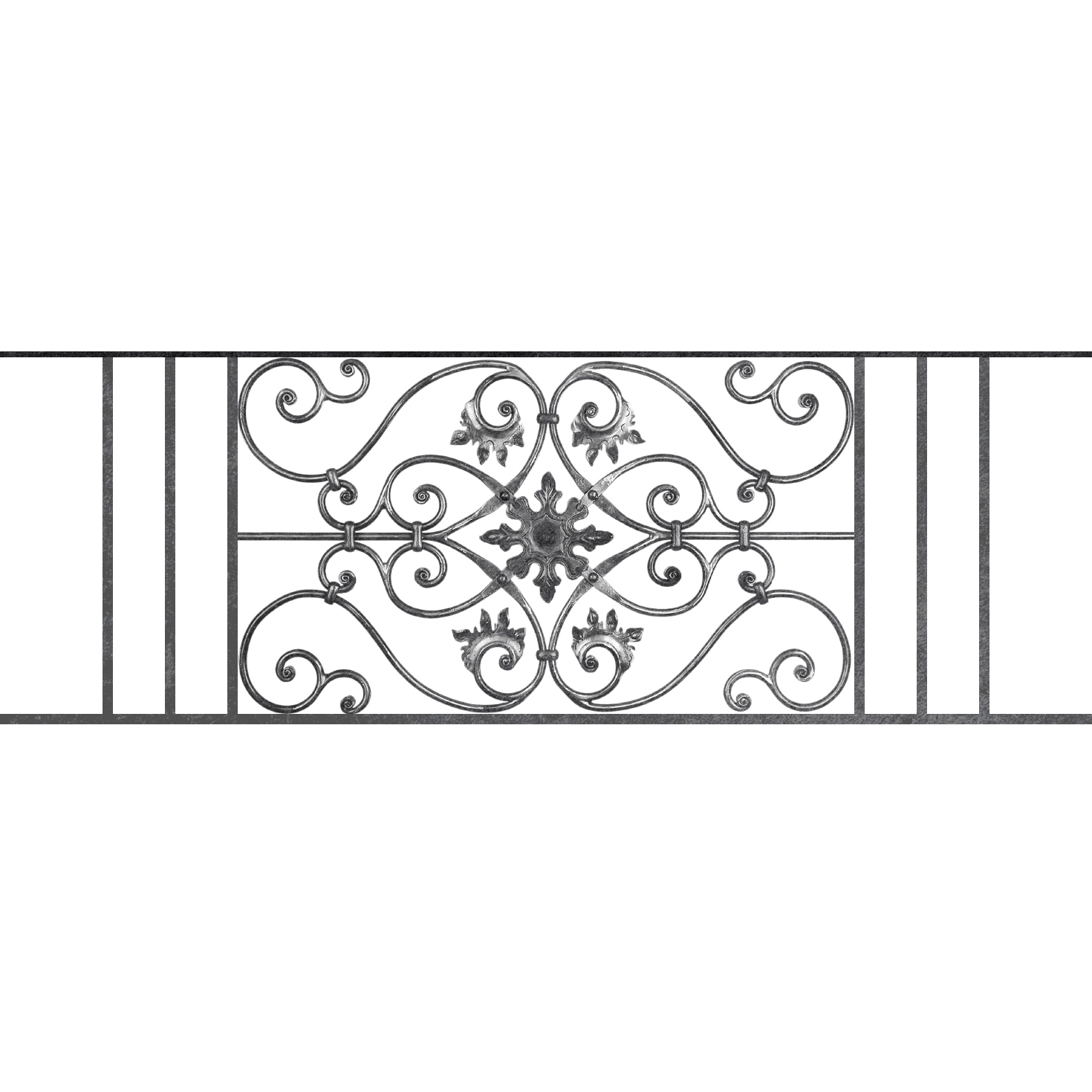 Appui de fenêtre type AF002 à sceller dans votre tableau de fenêtre. Longueur finie de 1470mm et Hauteur finie de 502mm. Convient pour les tableaux de fenêtre de 1370mm. 50mm de scellement sont prévue de chaque côté. Main courante laminée de 1370mm de long en fer forgé sur le dessus. Motif au centre de 830mm de long par 480mm de haut. Le reste de la structure est en acier carré plein de 14mm de section.