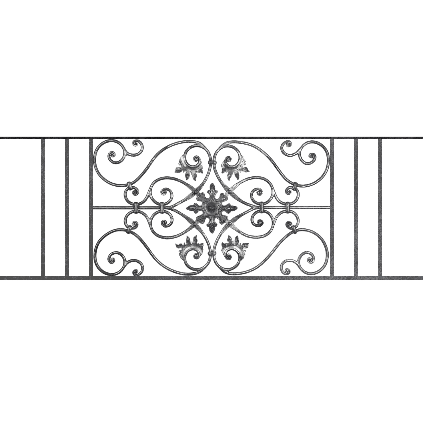 Appui de fenêtre type AF002 à sceller dans votre tableau de fenêtre. Longueur finie de 1480mm et Hauteur finie de 502mm. Convient pour les tableaux de fenêtre de 1380mm. 50mm de scellement sont prévue de chaque côté. Main courante laminée de 1380mm de long en fer forgé sur le dessus. Motif au centre de 830mm de long par 480mm de haut. Le reste de la structure est en acier carré plein de 14mm de section.