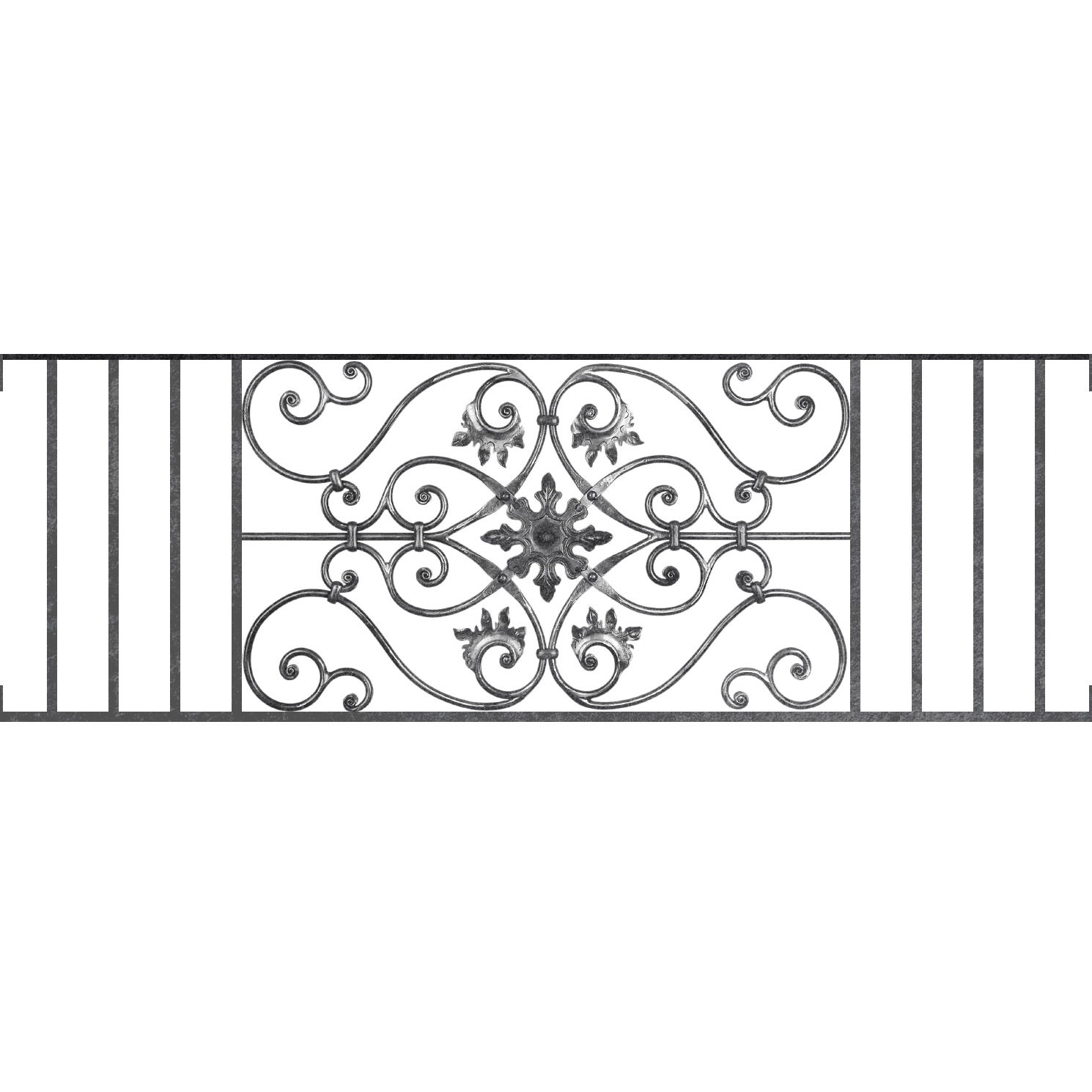 Appui de fenêtre type AF002 à visser dans votre tableau de fenêtre. Longueur finie de 1490mm et Hauteur finie de 502mm. Convient pour les tableaux de fenêtre de 1490mm. Main courante laminée de 1490mm de long en fer forgé sur le dessus. Motif au centre de 830mm de long par 480mm de haut. Le reste de la structure est en acier carré plein de 14mm de section.