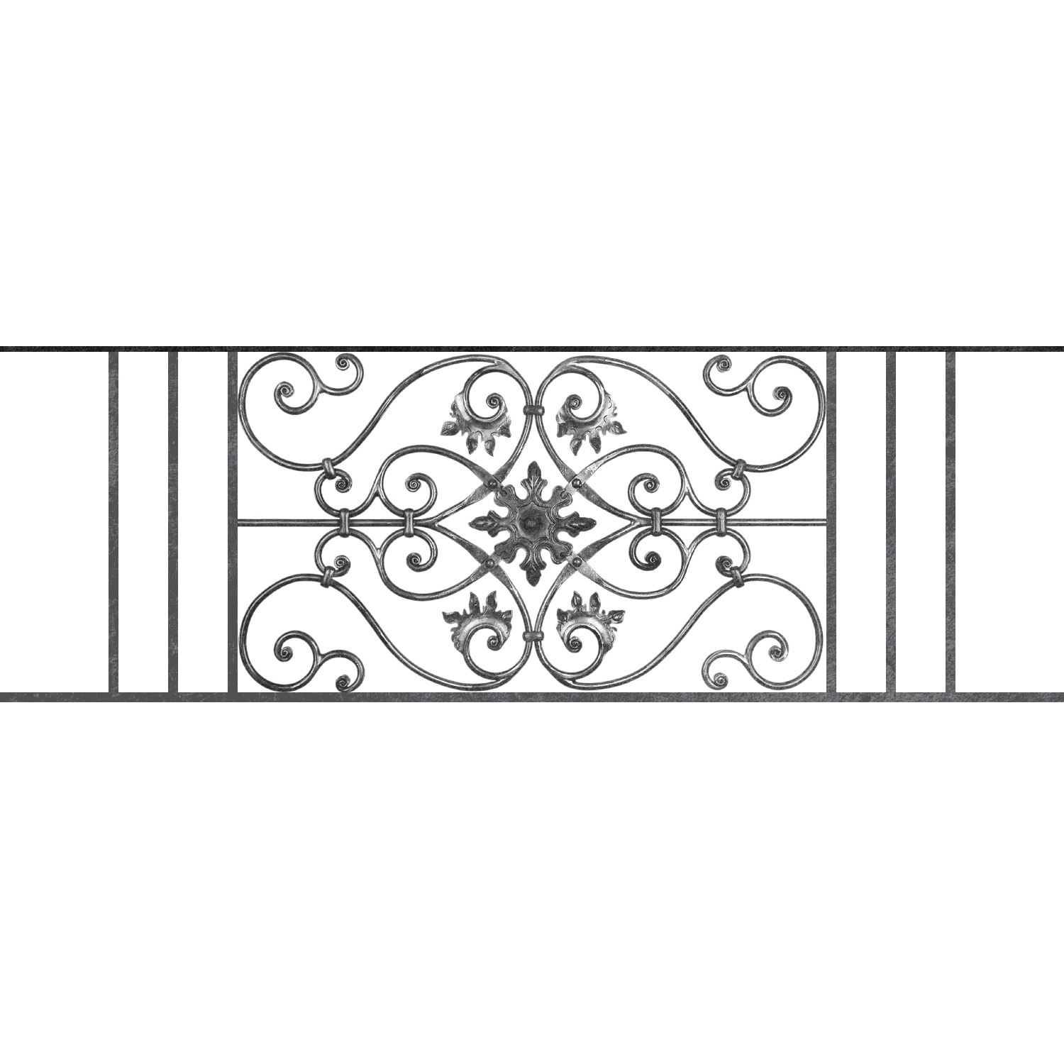 Appui de fenêtre type AF002 à sceller dans votre tableau de fenêtre. Longueur finie de 1500mm et Hauteur finie de 502mm. Convient pour les tableaux de fenêtre de 1400mm. 50mm de scellement sont prévue de chaque côté. Main courante laminée de 1400mm de long en fer forgé sur le dessus. Motif au centre de 830mm de long par 480mm de haut. Le reste de la structure est en acier carré plein de 14mm de section.