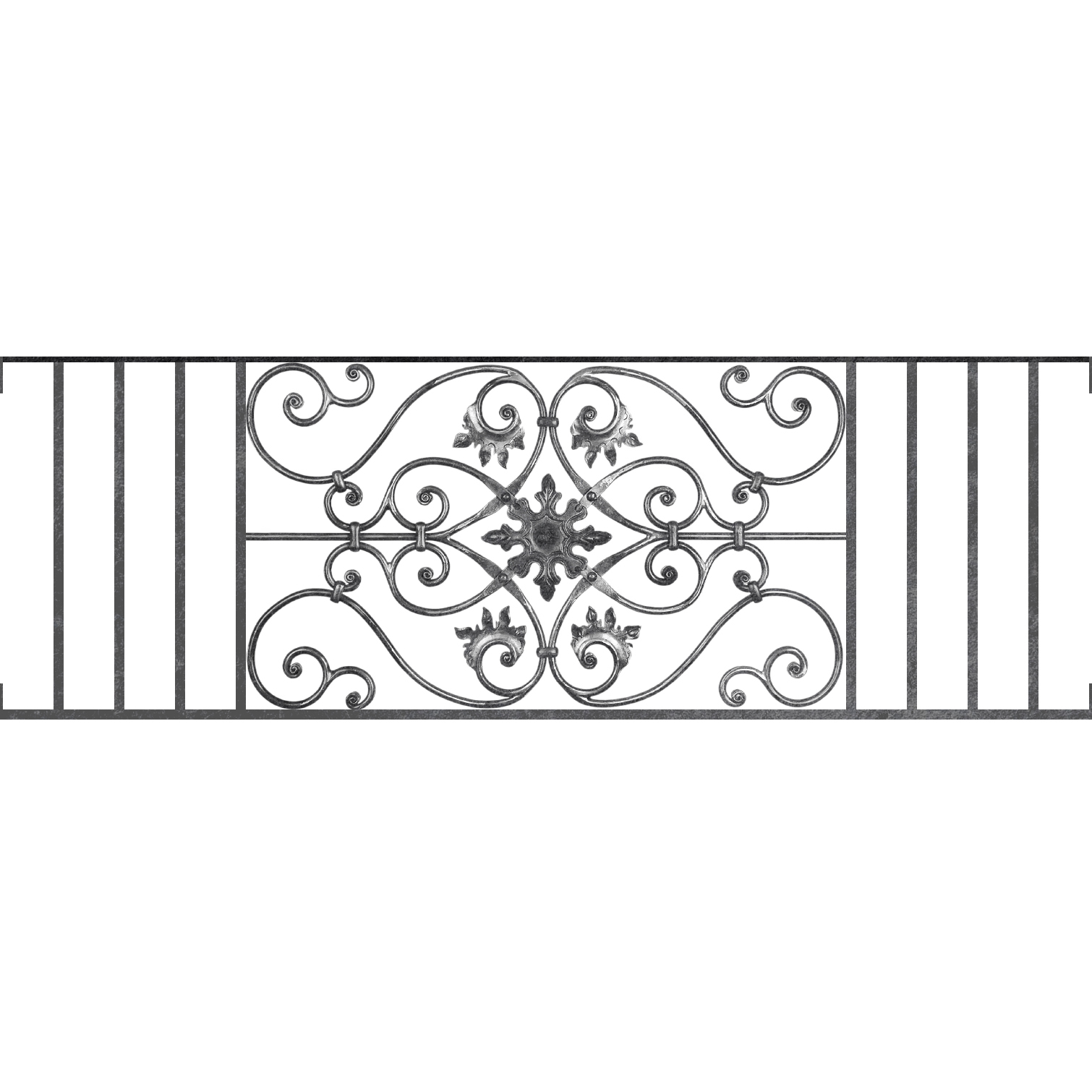 Appui de fenêtre type AF002 à visser dans votre tableau de fenêtre. Longueur finie de 1510mm et Hauteur finie de 502mm. Convient pour les tableaux de fenêtre de 1510mm. Main courante laminée de 1510mm de long en fer forgé sur le dessus. Motif au centre de 830mm de long par 480mm de haut. Le reste de la structure est en acier carré plein de 14mm de section.