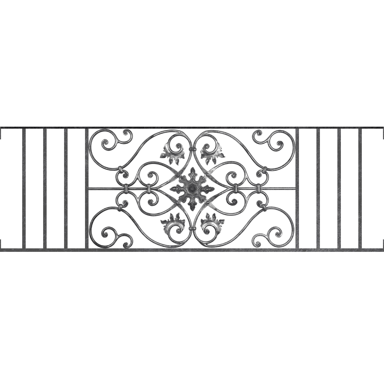 Appui de fenêtre type AF002 à visser dans votre tableau de fenêtre. Longueur finie de 1540mm et Hauteur finie de 502mm. Convient pour les tableaux de fenêtre de 1540mm. Main courante laminée de 1540mm de long en fer forgé sur le dessus. Motif au centre de 830mm de long par 480mm de haut. Le reste de la structure est en acier carré plein de 14mm de section.