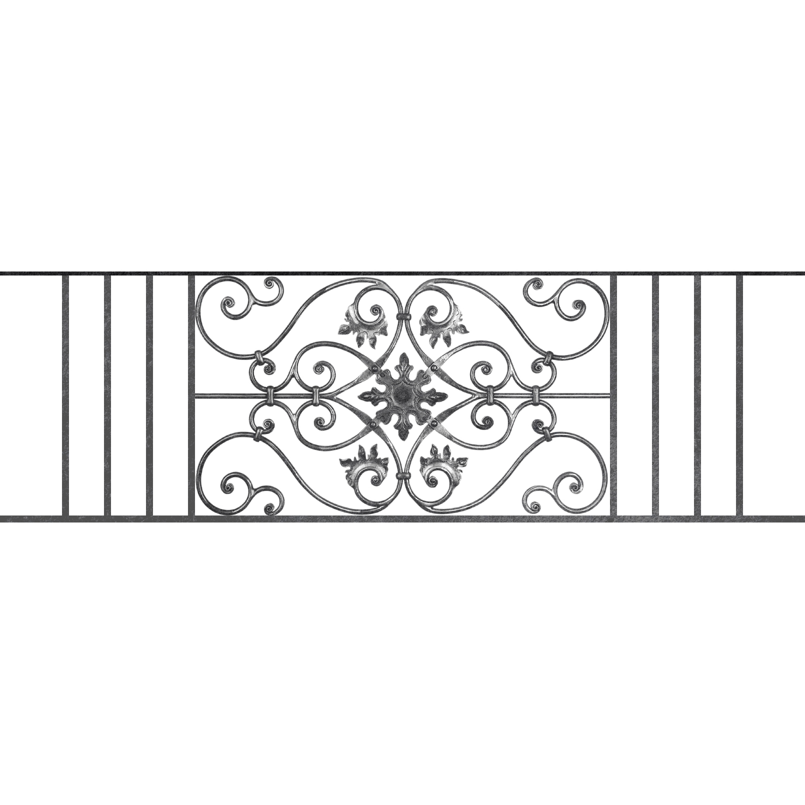 Appui de fenêtre type AF002 à sceller dans votre tableau de fenêtre. Longueur finie de 1610mm et Hauteur finie de 502mm. Convient pour les tableaux de fenêtre de 1510mm. 50mm de scellement sont prévue de chaque côté. Main courante laminée de 1510mm de long en fer forgé sur le dessus. Motif au centre de 830mm de long par 480mm de haut. Le reste de la structure est en acier carré plein de 14mm de section.