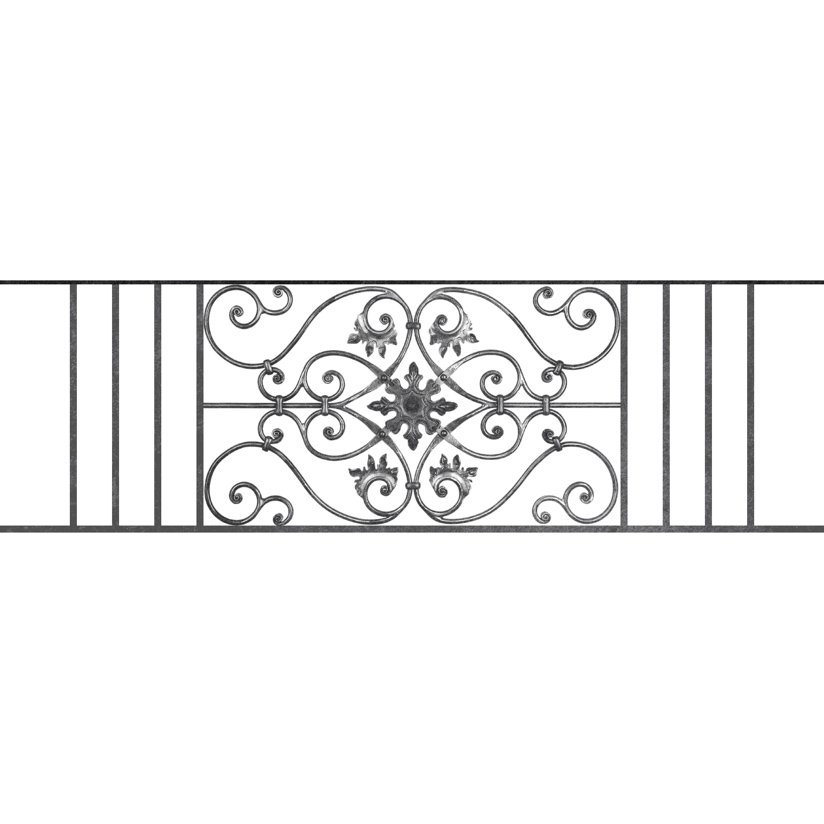 Appui de fenêtre type AF002 à sceller dans votre tableau de fenêtre. Longueur finie de 1640mm et Hauteur finie de 502mm. Convient pour les tableaux de fenêtre de 1540mm. 50mm de scellement sont prévue de chaque côté. Main courante laminée de 1540mm de long en fer forgé sur le dessus. Motif au centre de 830mm de long par 480mm de haut. Le reste de la structure est en acier carré plein de 14mm de section.