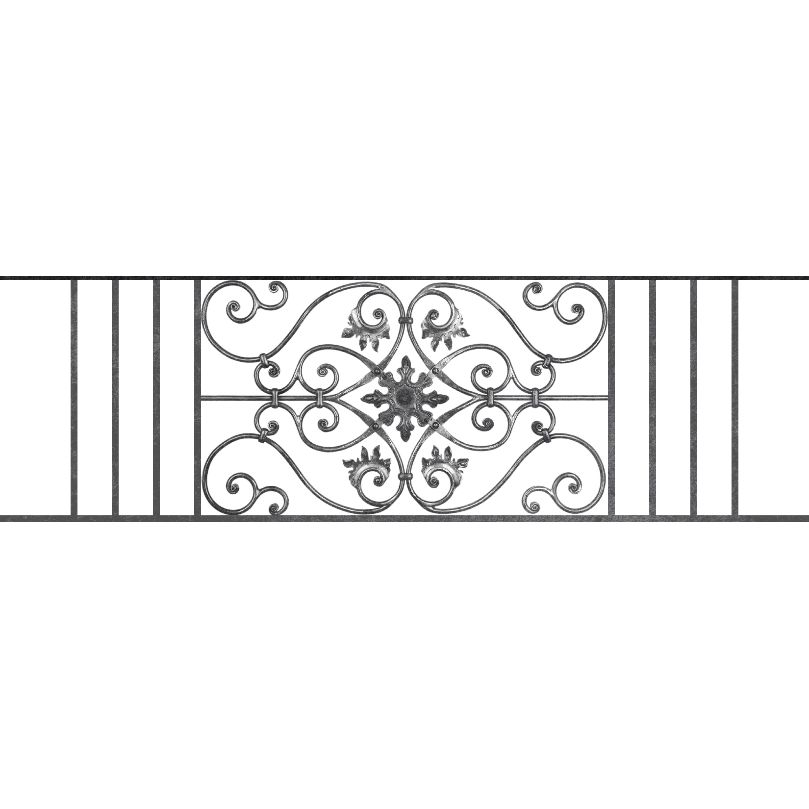 Appui de fenêtre type AF002 à sceller dans votre tableau de fenêtre. Longueur finie de 1650mm et Hauteur finie de 502mm. Convient pour les tableaux de fenêtre de 1550mm. 50mm de scellement sont prévue de chaque côté. Main courante laminée de 1550mm de long en fer forgé sur le dessus. Motif au centre de 830mm de long par 480mm de haut. Le reste de la structure est en acier carré plein de 14mm de section.