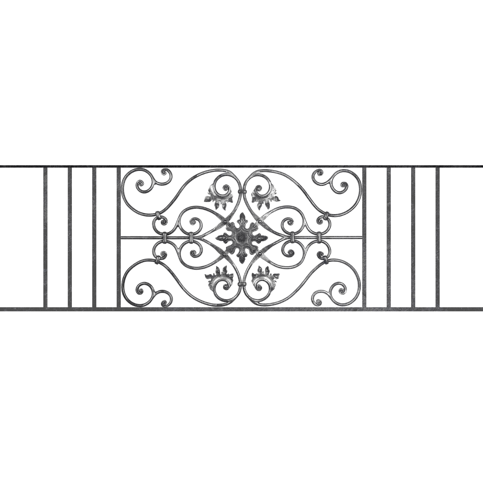Appui de fenêtre type AF002 à sceller dans votre tableau de fenêtre. Longueur finie de 1660mm et Hauteur finie de 502mm. Convient pour les tableaux de fenêtre de 1560mm. 50mm de scellement sont prévue de chaque côté. Main courante laminée de 1560mm de long en fer forgé sur le dessus. Motif au centre de 830mm de long par 480mm de haut. Le reste de la structure est en acier carré plein de 14mm de section.