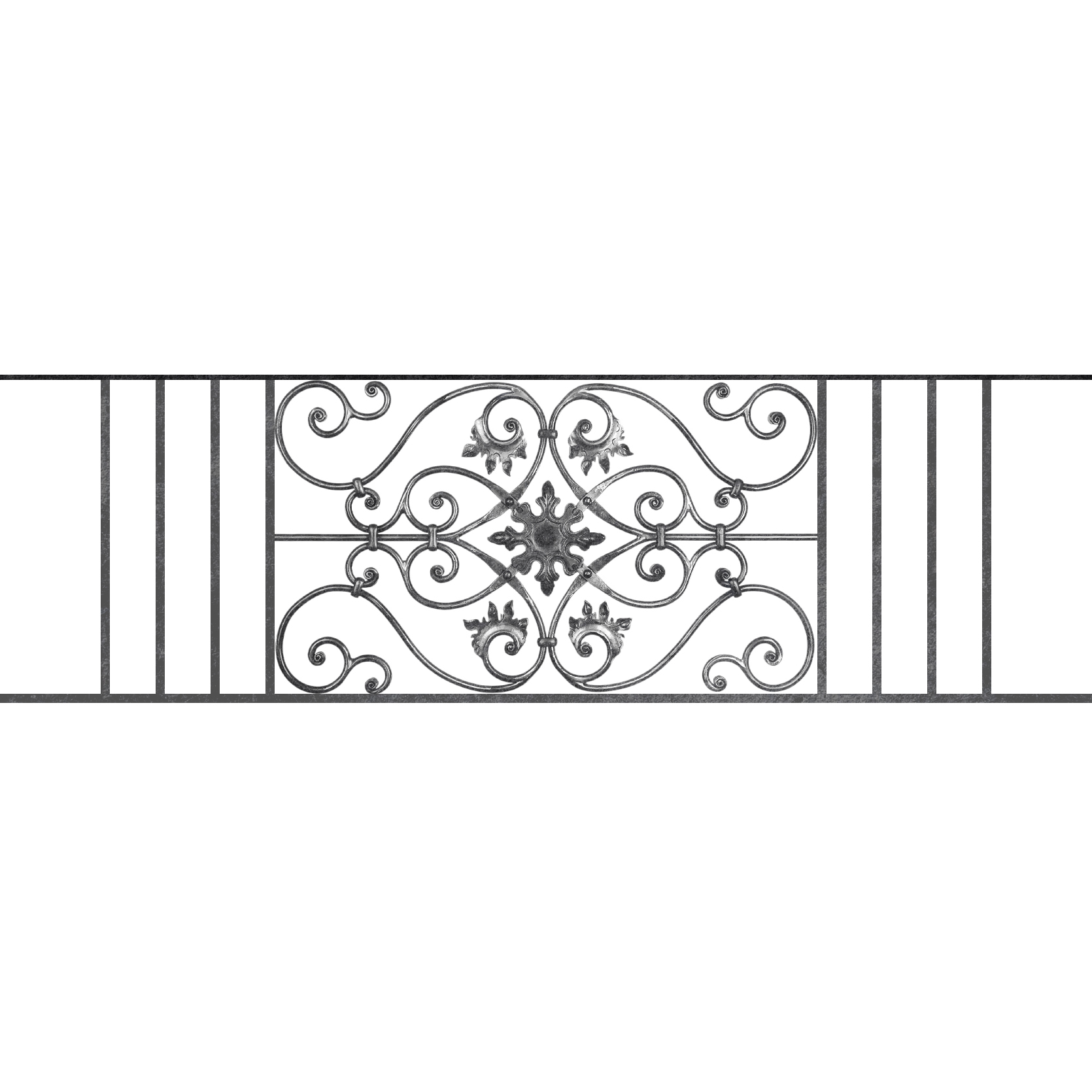 Appui de fenêtre type AF002 à sceller dans votre tableau de fenêtre. Longueur finie de 1670mm et Hauteur finie de 502mm. Convient pour les tableaux de fenêtre de 1570mm. 50mm de scellement sont prévue de chaque côté. Main courante laminée de 1570mm de long en fer forgé sur le dessus. Motif au centre de 830mm de long par 480mm de haut. Le reste de la structure est en acier carré plein de 14mm de section.