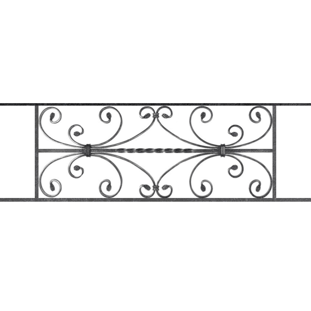 Appui de fenêtre type AF003 à sceller dans votre tableau de fenêtre. Longueur finie de 1010mm et Hauteur finie de 320mm. Convient pour les tableaux de fenêtre de 910mm. 50mm de scellement sont prévue de chaque côté. Main courante laminée de 910mm de long en fer forgé sur le dessus. Motif au centre de 760mm de long par 300mm de haut. Le reste de la structure est en acier carré plein de 12mm de section.