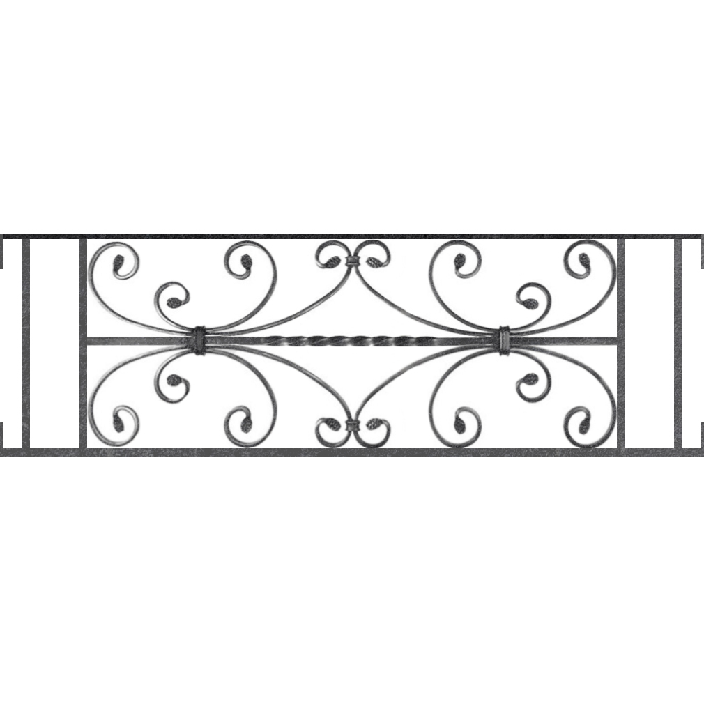 Appui de fenêtre type AF003 à visser dans votre tableau de fenêtre. Longueur finie de 1010mm et Hauteur finie de 320mm. Convient pour les tableaux de fenêtre de 1010mm. Main courante laminée de 1010mm de long en fer forgé sur le dessus. Motif au centre de 760mm de long par 300mm de haut. Le reste de la structure est en acier carré plein de 12mm de section.