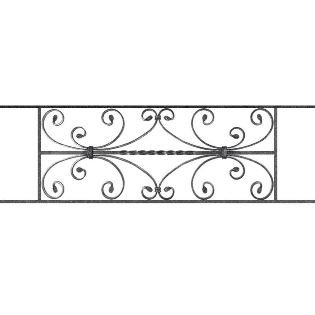 Appui de fenêtre type AF003 à sceller dans votre tableau de fenêtre. Longueur finie de 1030mm et Hauteur finie de 320mm. Convient pour les tableaux de fenêtre de 930mm. 50mm de scellement sont prévue de chaque côté. Main courante laminée de 930mm de long en fer forgé sur le dessus. Motif au centre de 760mm de long par 300mm de haut. Le reste de la structure est en acier carré plein de 12mm de section.
