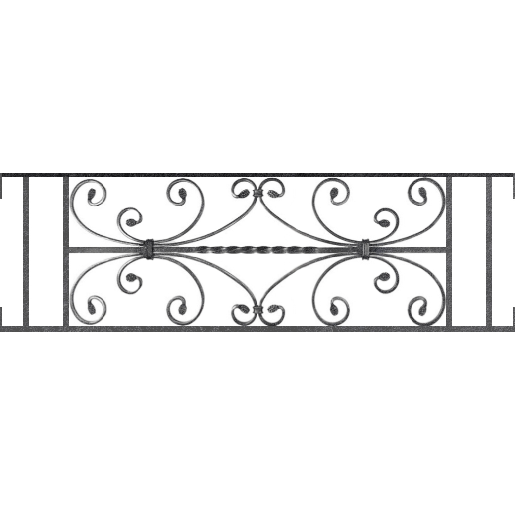 Appui de fenêtre type AF003 à visser dans votre tableau de fenêtre. Longueur finie de 1040mm et Hauteur finie de 320mm. Convient pour les tableaux de fenêtre de 1040mm. Main courante laminée de 1040mm de long en fer forgé sur le dessus. Motif au centre de 760mm de long par 300mm de haut. Le reste de la structure est en acier carré plein de 12mm de section.