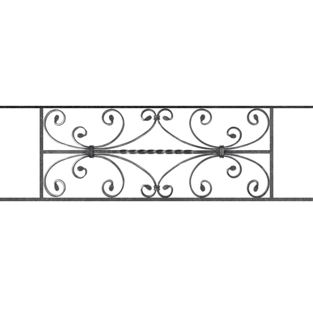 Appui de fenêtre type AF003 à sceller dans votre tableau de fenêtre. Longueur finie de 1050mm et Hauteur finie de 320mm. Convient pour les tableaux de fenêtre de 950mm. 50mm de scellement sont prévue de chaque côté. Main courante laminée de 950mm de long en fer forgé sur le dessus. Motif au centre de 760mm de long par 300mm de haut. Le reste de la structure est en acier carré plein de 12mm de section.