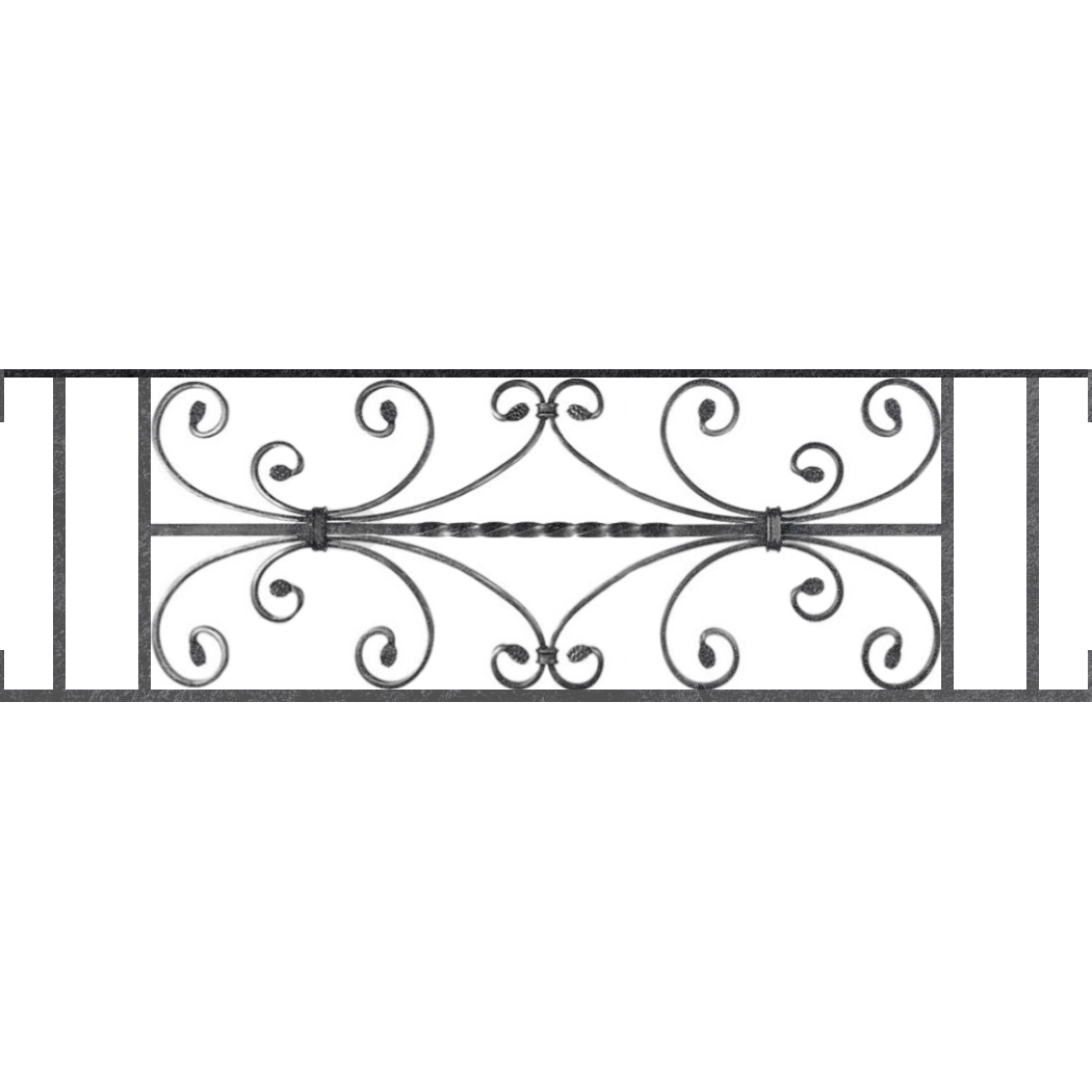 Appui de fenêtre type AF003 à visser dans votre tableau de fenêtre. Longueur finie de 1050mm et Hauteur finie de 320mm. Convient pour les tableaux de fenêtre de 1050mm. Main courante laminée de 1050mm de long en fer forgé sur le dessus. Motif au centre de 760mm de long par 300mm de haut. Le reste de la structure est en acier carré plein de 12mm de section.