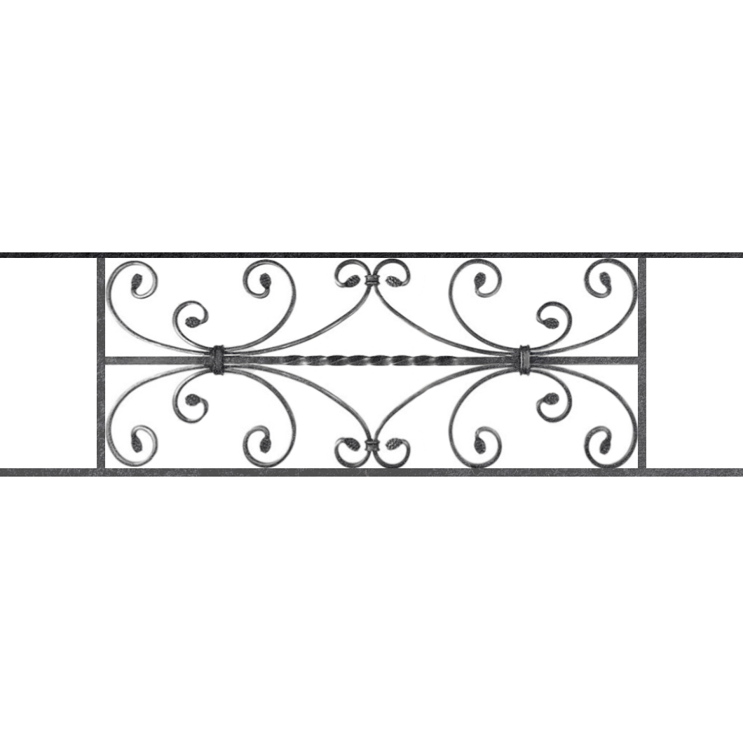 Appui de fenêtre type AF003 à sceller dans votre tableau de fenêtre. Longueur finie de 1060mm et Hauteur finie de 320mm. Convient pour les tableaux de fenêtre de 960mm. 50mm de scellement sont prévue de chaque côté. Main courante laminée de 960mm de long en fer forgé sur le dessus. Motif au centre de 760mm de long par 300mm de haut. Le reste de la structure est en acier carré plein de 12mm de section.