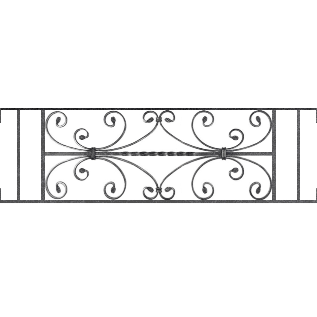 Appui de fenêtre type AF003 à visser dans votre tableau de fenêtre. Longueur finie de 1060mm et Hauteur finie de 320mm. Convient pour les tableaux de fenêtre de 1060mm. Main courante laminée de 1060mm de long en fer forgé sur le dessus. Motif au centre de 760mm de long par 300mm de haut. Le reste de la structure est en acier carré plein de 12mm de section.