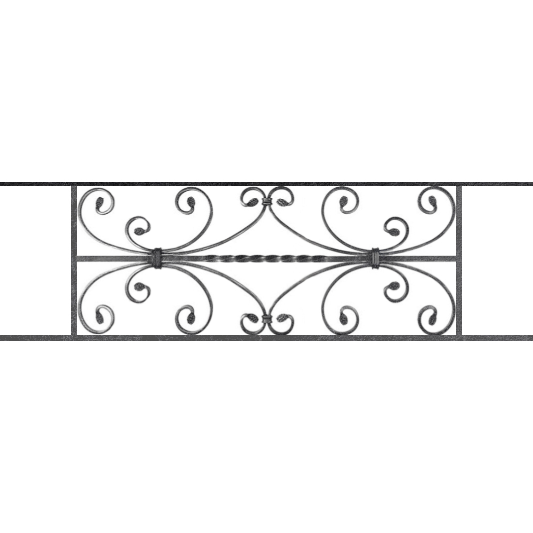 Appui de fenêtre type AF003 à sceller dans votre tableau de fenêtre. Longueur finie de 1070mm et Hauteur finie de 320mm. Convient pour les tableaux de fenêtre de 970mm. 50mm de scellement sont prévue de chaque côté. Main courante laminée de 970mm de long en fer forgé sur le dessus. Motif au centre de 760mm de long par 300mm de haut. Le reste de la structure est en acier carré plein de 12mm de section.