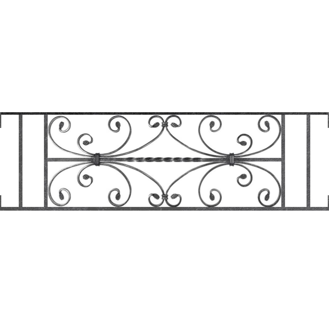 Appui de fenêtre type AF003 à visser dans votre tableau de fenêtre. Longueur finie de 1070mm et Hauteur finie de 320mm. Convient pour les tableaux de fenêtre de 1070mm. Main courante laminée de 1070mm de long en fer forgé sur le dessus. Motif au centre de 760mm de long par 300mm de haut. Le reste de la structure est en acier carré plein de 12mm de section.