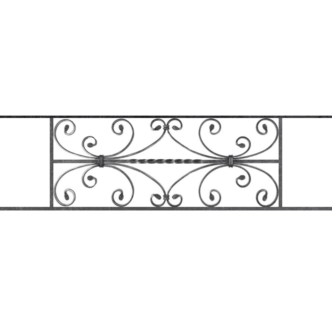 Appui de fenêtre type AF003 à sceller dans votre tableau de fenêtre. Longueur finie de 1120mm et Hauteur finie de 320mm. Convient pour les tableaux de fenêtre de 1020mm. 50mm de scellement sont prévue de chaque côté. Main courante laminée de 1020mm de long en fer forgé sur le dessus. Motif au centre de 760mm de long par 300mm de haut. Le reste de la structure est en acier carré plein de 12mm de section.