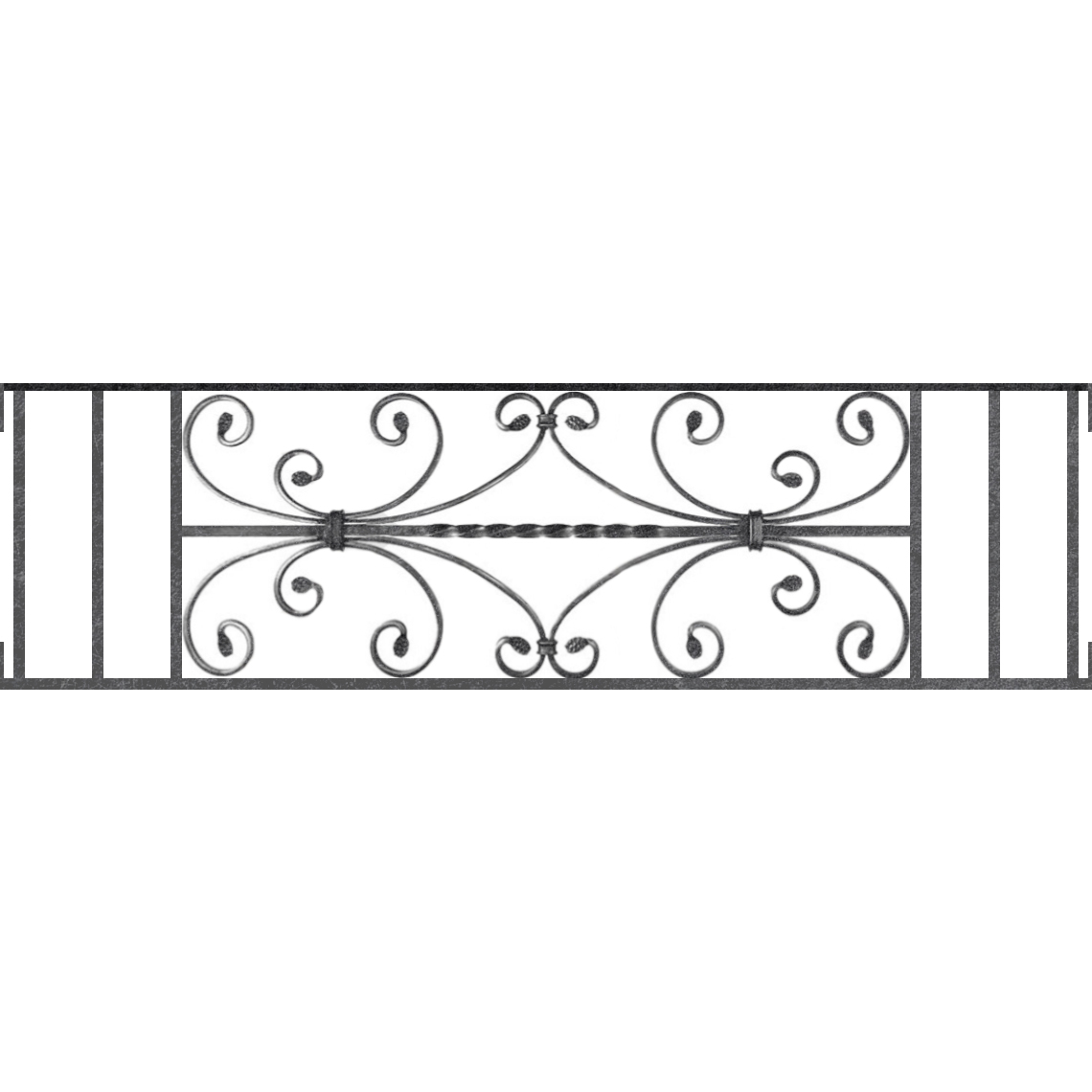 Appui de fenêtre type AF003 à visser dans votre tableau de fenêtre. Longueur finie de 1140mm et Hauteur finie de 320mm. Convient pour les tableaux de fenêtre de 1140mm. Main courante laminée de 1140mm de long en fer forgé sur le dessus. Motif au centre de 760mm de long par 300mm de haut. Le reste de la structure est en acier carré plein de 12mm de section.