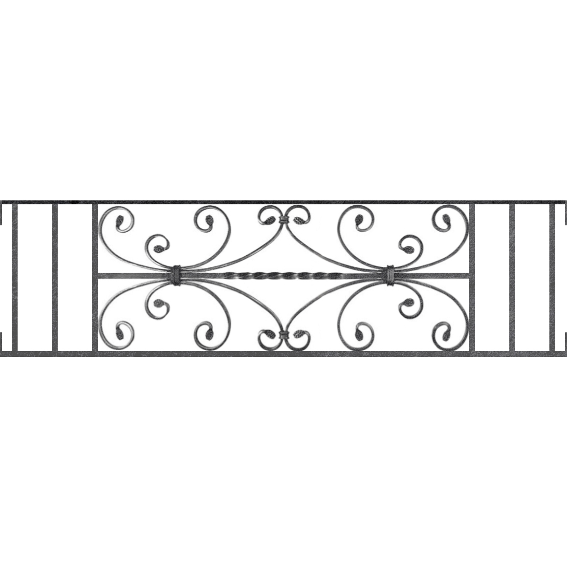 Appui de fenêtre type AF003 à visser dans votre tableau de fenêtre. Longueur finie de 1160mm et Hauteur finie de 320mm. Convient pour les tableaux de fenêtre de 1160mm. Main courante laminée de 1160mm de long en fer forgé sur le dessus. Motif au centre de 760mm de long par 300mm de haut. Le reste de la structure est en acier carré plein de 12mm de section.